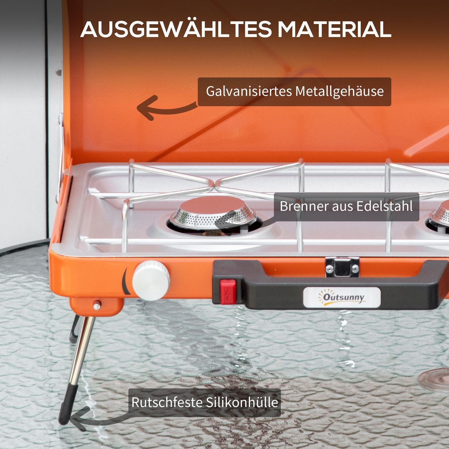 Gassgrill Bordgrill Bbq 2 brennere Sammenleggbar slangeregulator Rustfritt stål Metall Oransje 46,5X33,5X17,4Cm