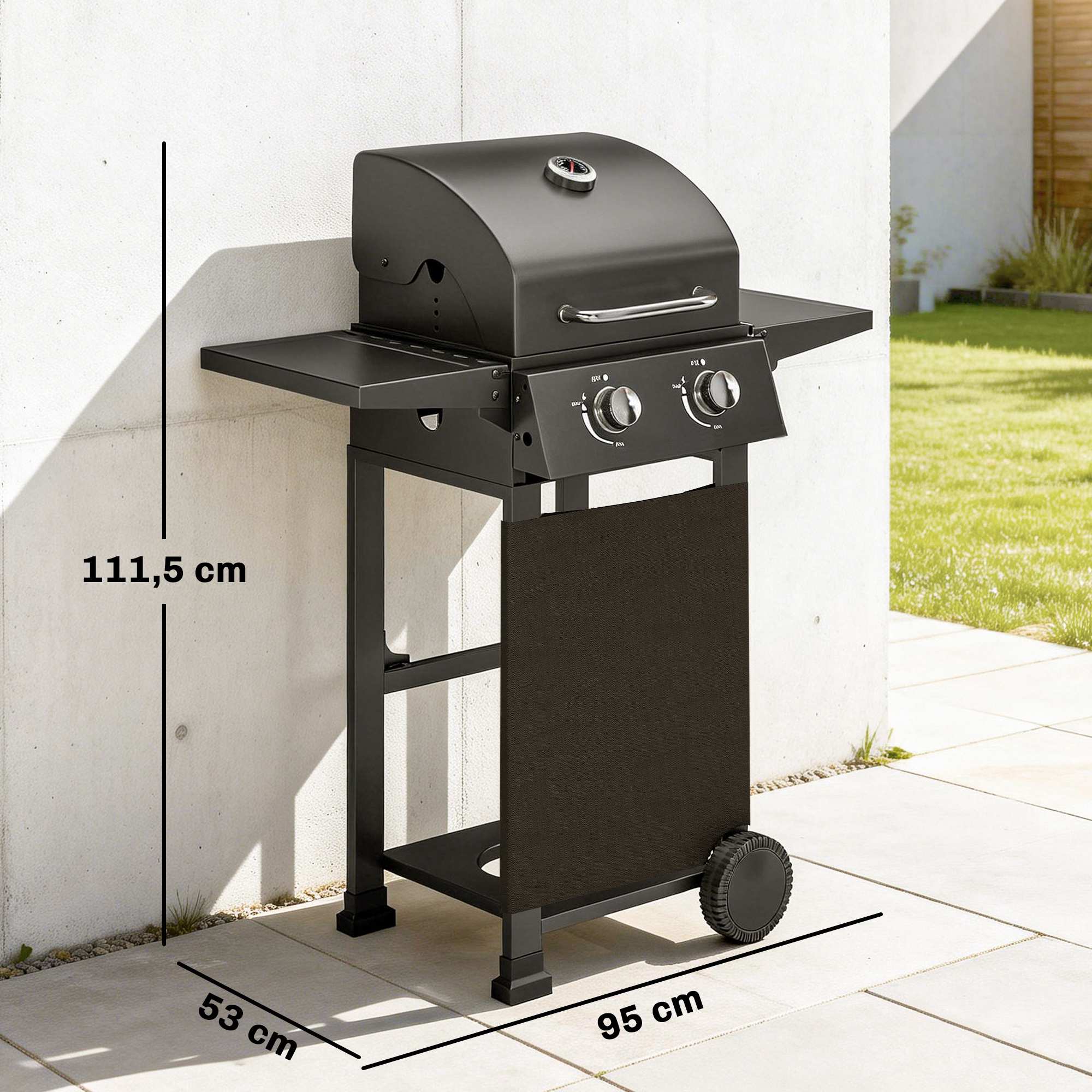 Propangasgrill med 2 brännare, fällbara hyllor, svart