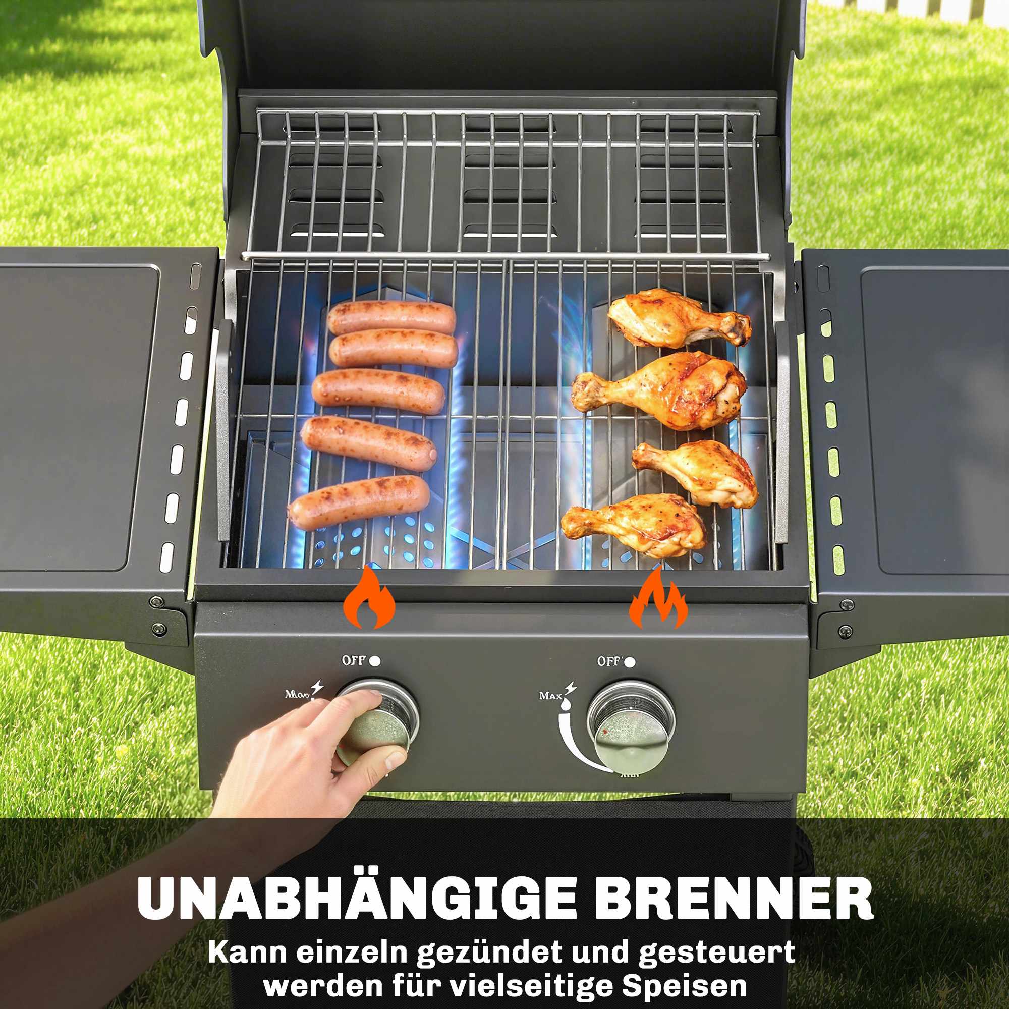 Propangasgrill med 2 brännare, fällbara hyllor, svart