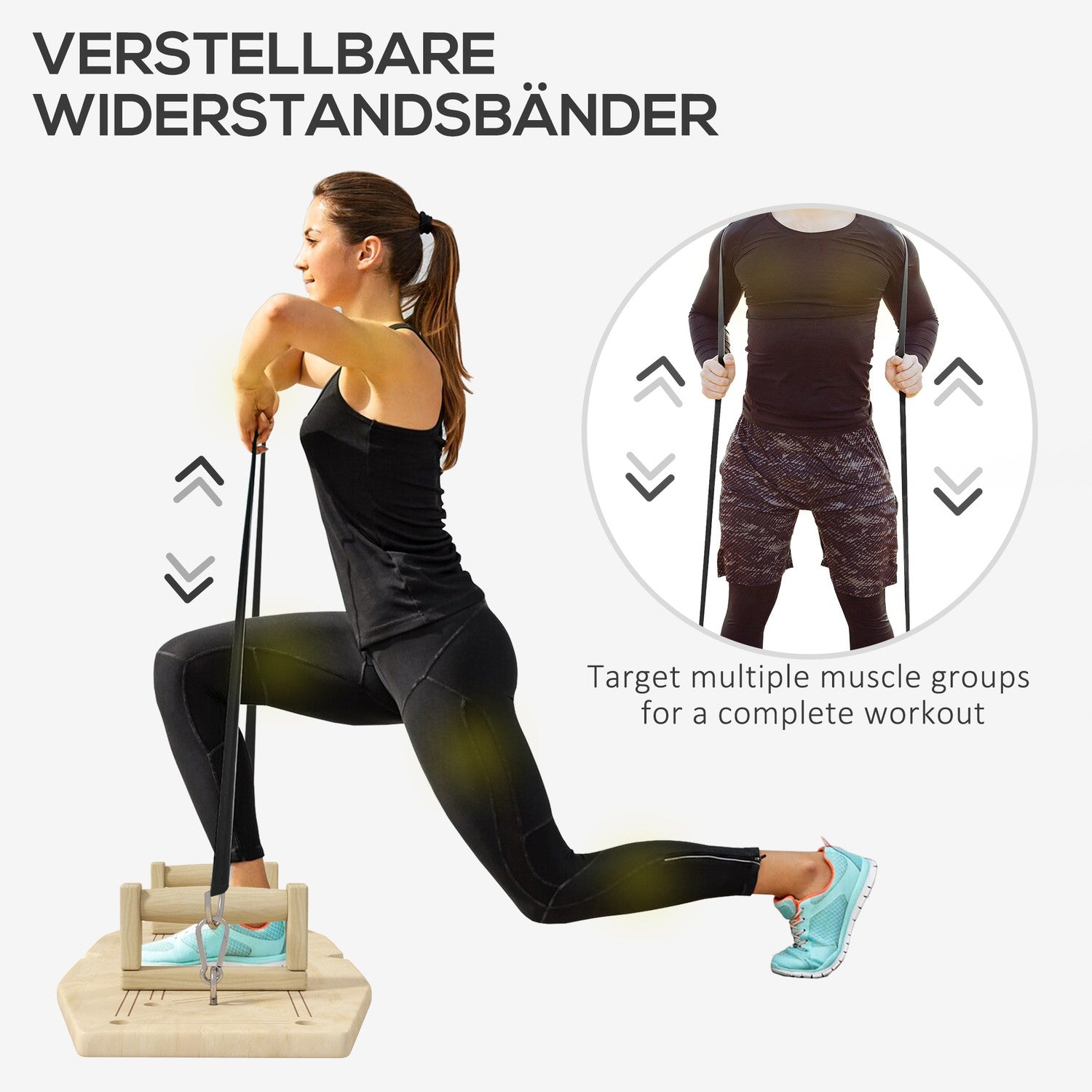 Push-up-stänger av trä med motståndsband, 11 övningar