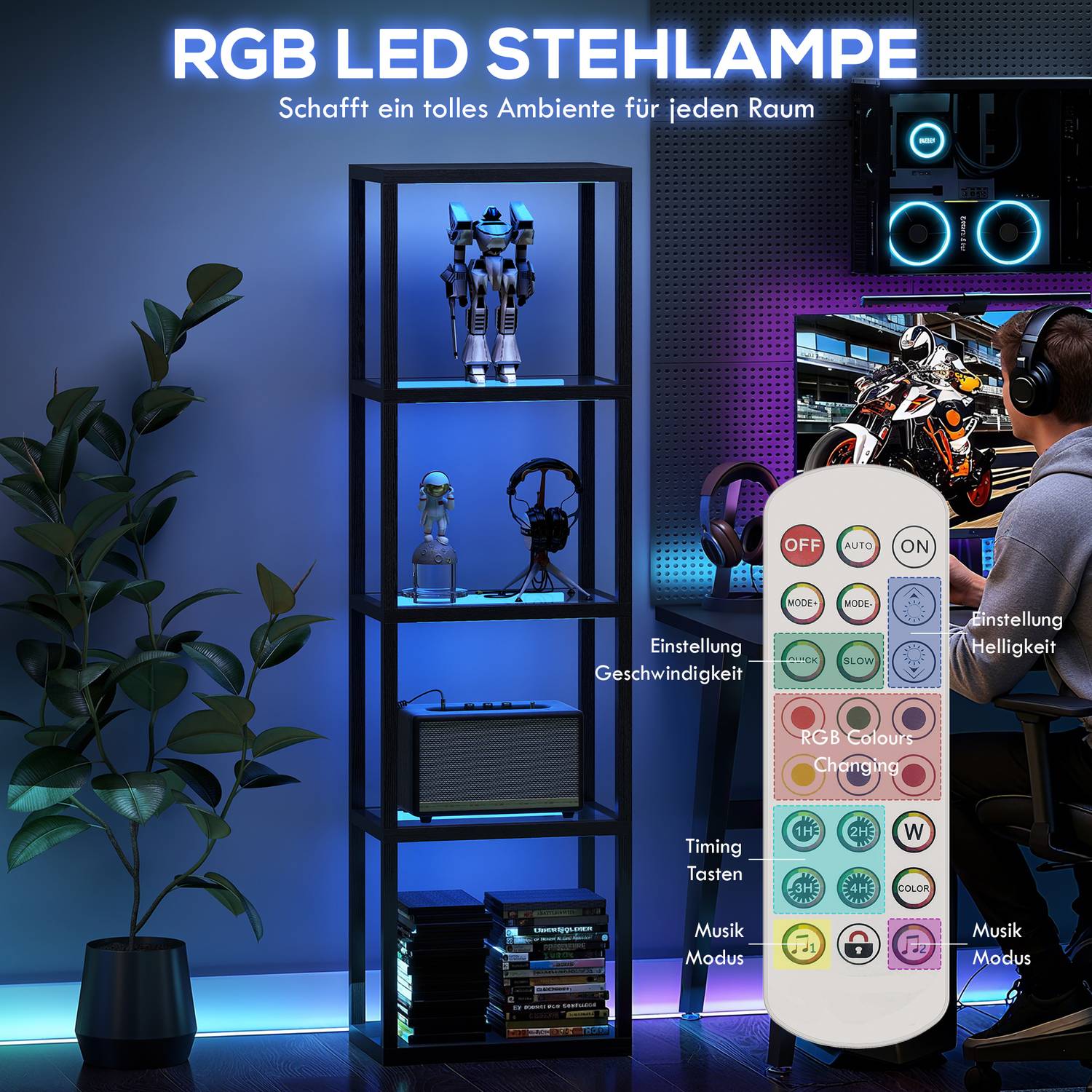 RGB-golvlampa med glashyllor, LED, fjärrkontroll, musiksynkronisering