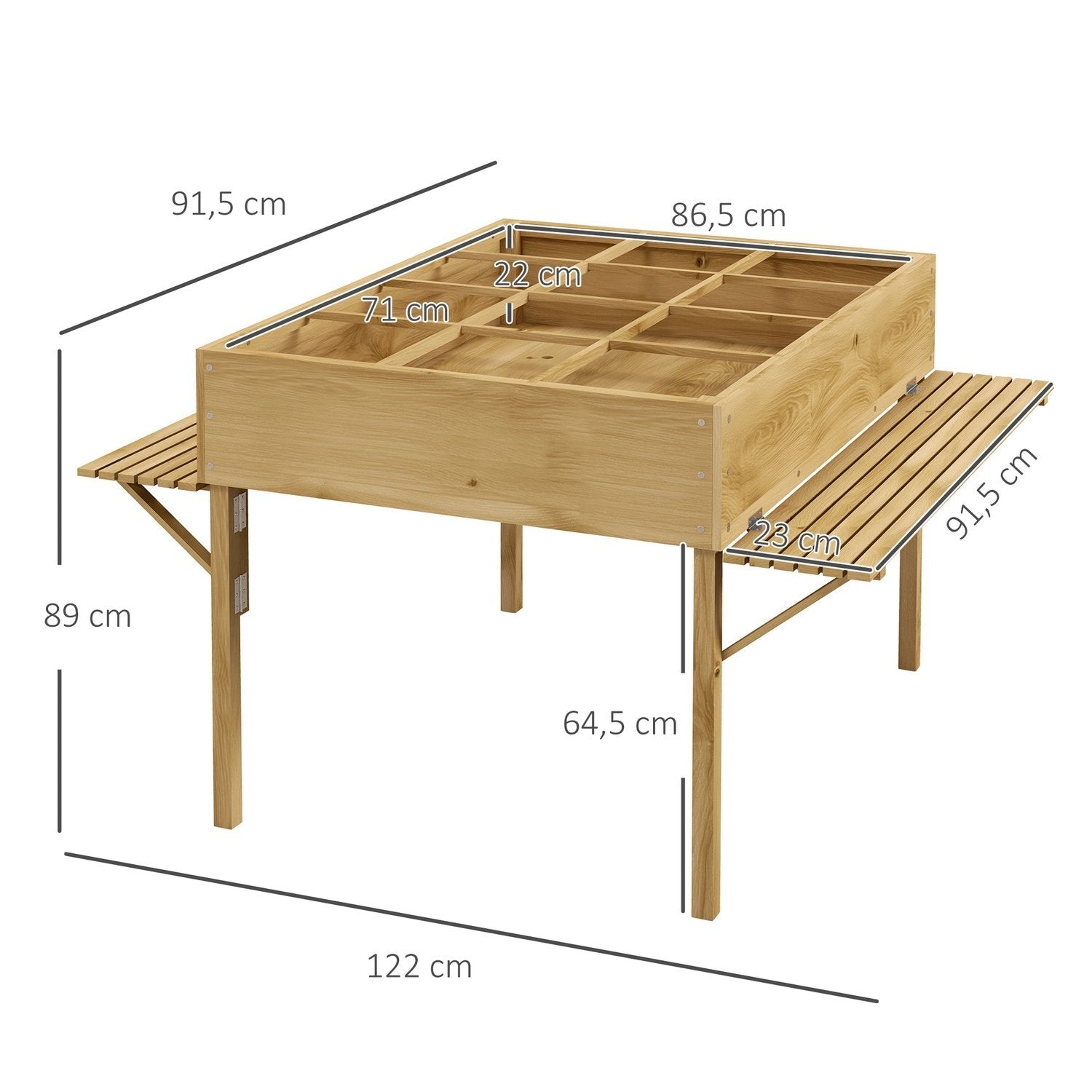 Høyseng i tre, sammenleggbar kaldramme med 12 skillevegger, urtebed, plantekasse, blomsterkasse med fiberduk 122 X 91,5 X 89 cm, naturlig