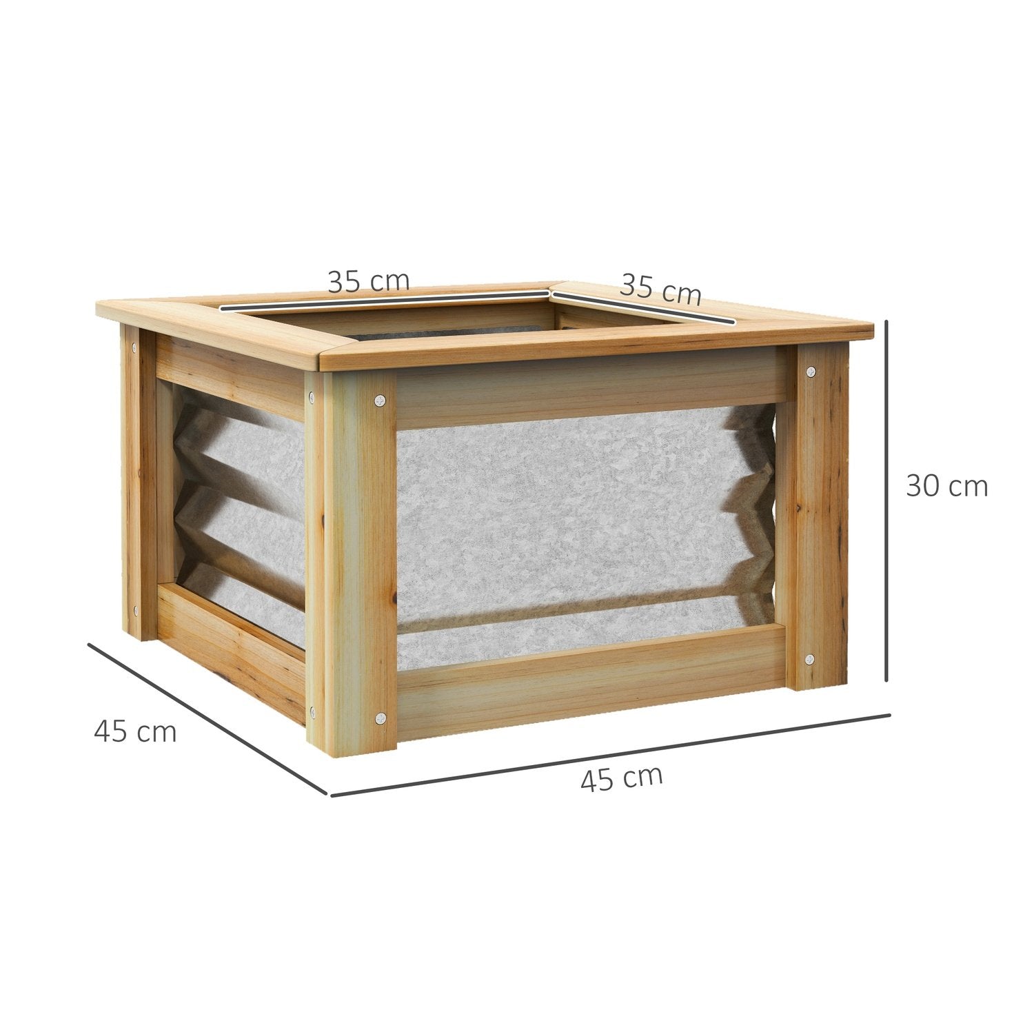 Høybed metall blomsterkasse plantekasse med treramme for hage og balkong naturlig 45 x 45 x 30 cm