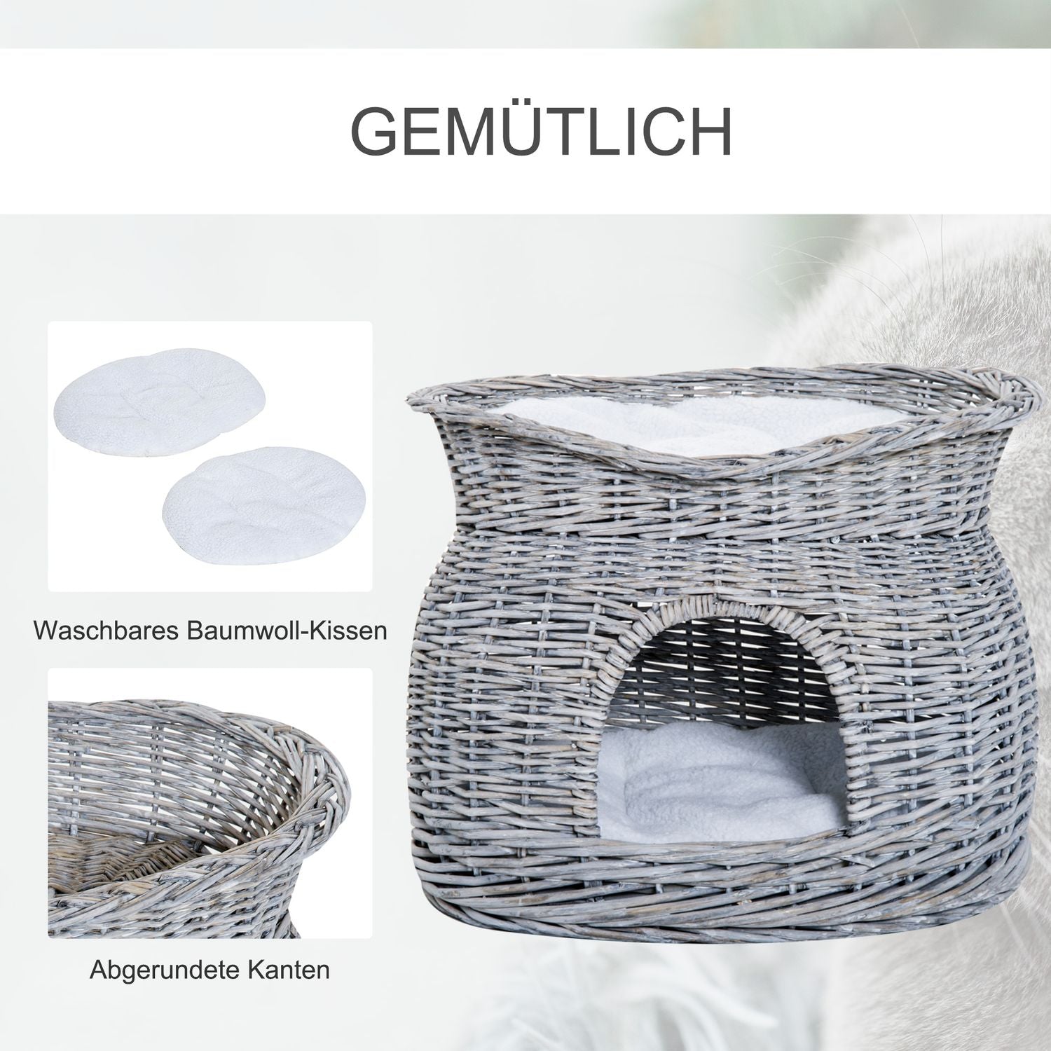 Rattan Cat Bed med kapell och kudde, vattenhyacint