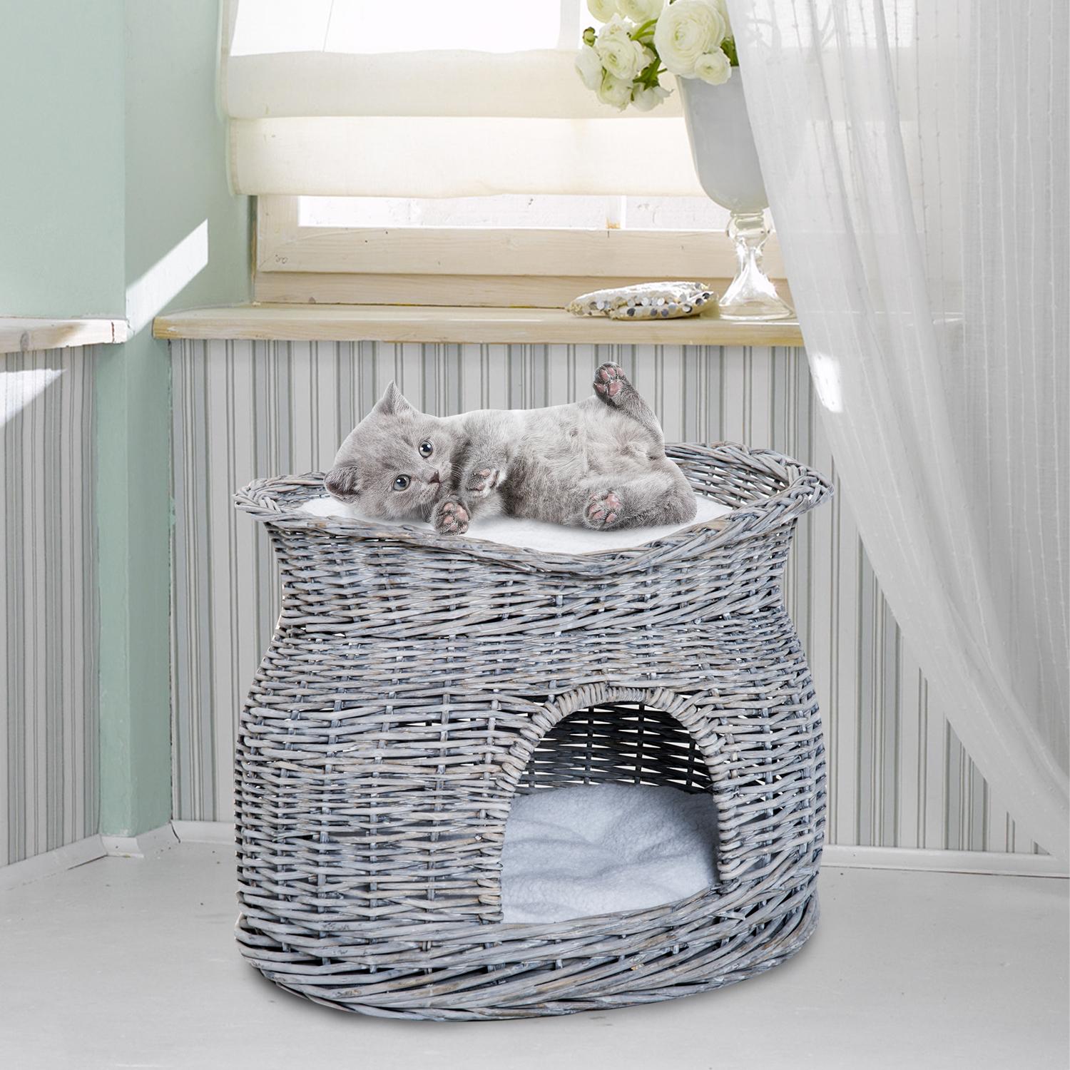 Rattan Cat Bed med kapell och kudde, vattenhyacint