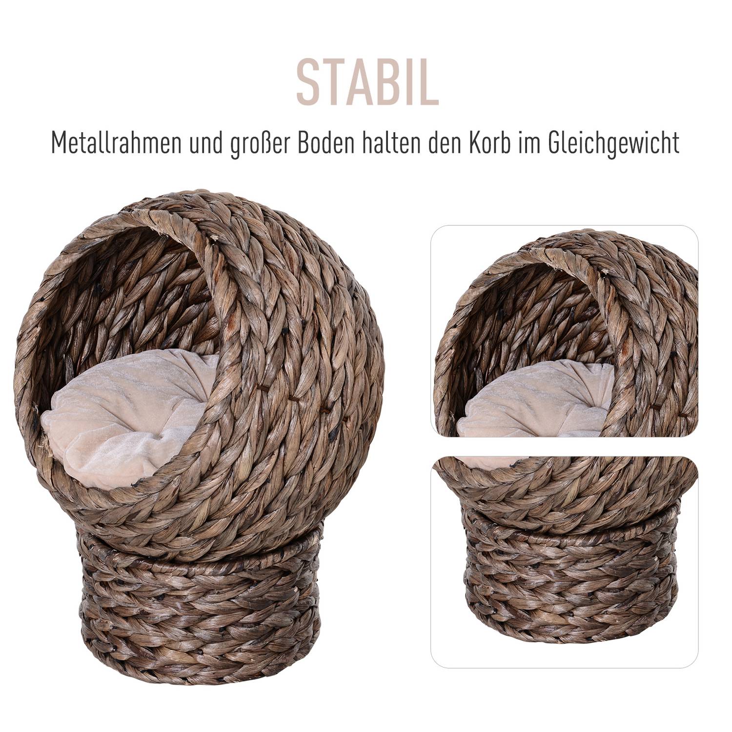Rattan Cat Cave Bed, mörkbrun, vattenhyacint, med kudde