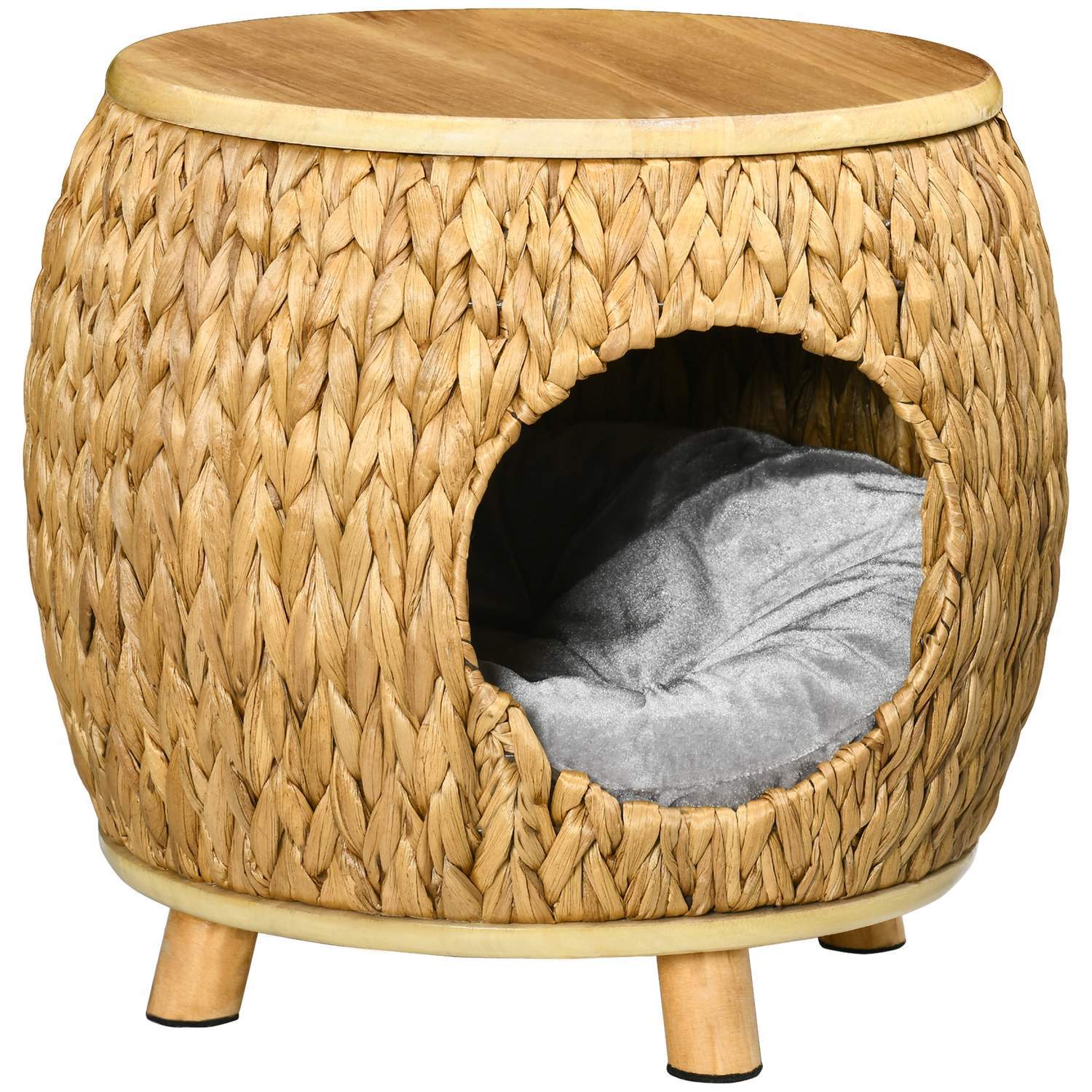 Rattan Cat Cave 2-i-1 designkurv med pute for kjæledyrseng Vannhyasintgress Paulownia-tre lys brun + grå 44 x 43 x 42 cm