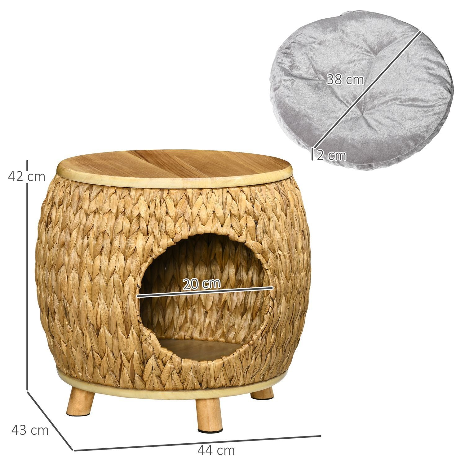 Rattan Cat Cave 2-I-1 Designkorg Med Kudde För Husdjurssäng Vattenhyacintgräs Paulownia Trä Ljusbrun + Grå 44 X 43 X 42 Cm