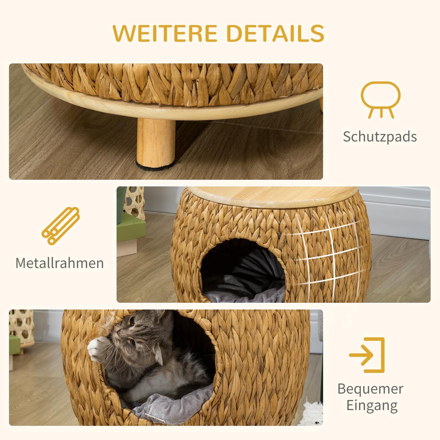 Rattan Cat Cave 2-I-1 Designkorg Med Kudde För Husdjurssäng Vattenhyacintgräs Paulownia Trä Ljusbrun + Grå 44 X 43 X 42 Cm