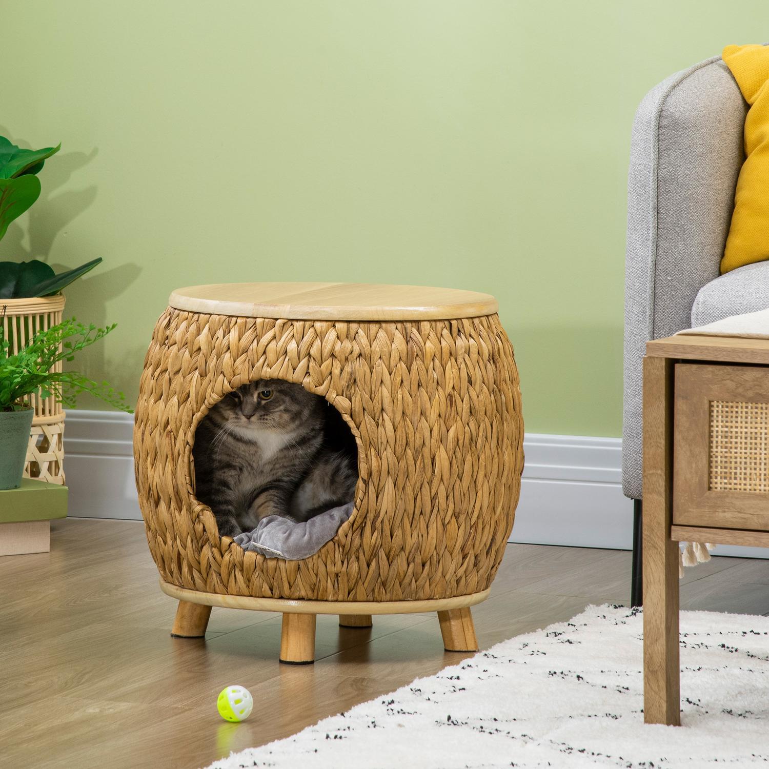 Rattan Cat Cave 2-I-1 Designkorg Med Kudde För Husdjurssäng Vattenhyacintgräs Paulownia Trä Ljusbrun + Grå 44 X 43 X 42 Cm