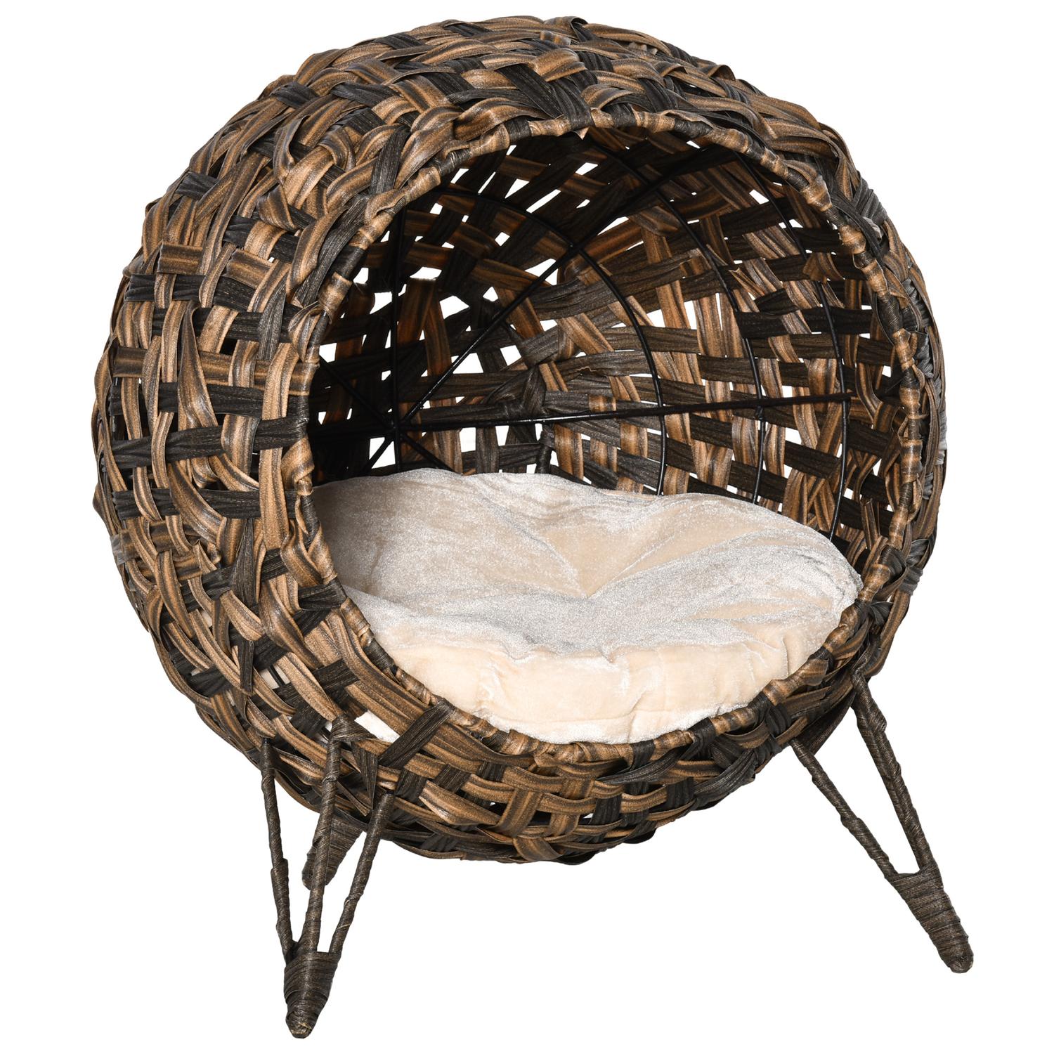 Rattan Cat Bed, förhöjd design med kudde, brun Ø52cm