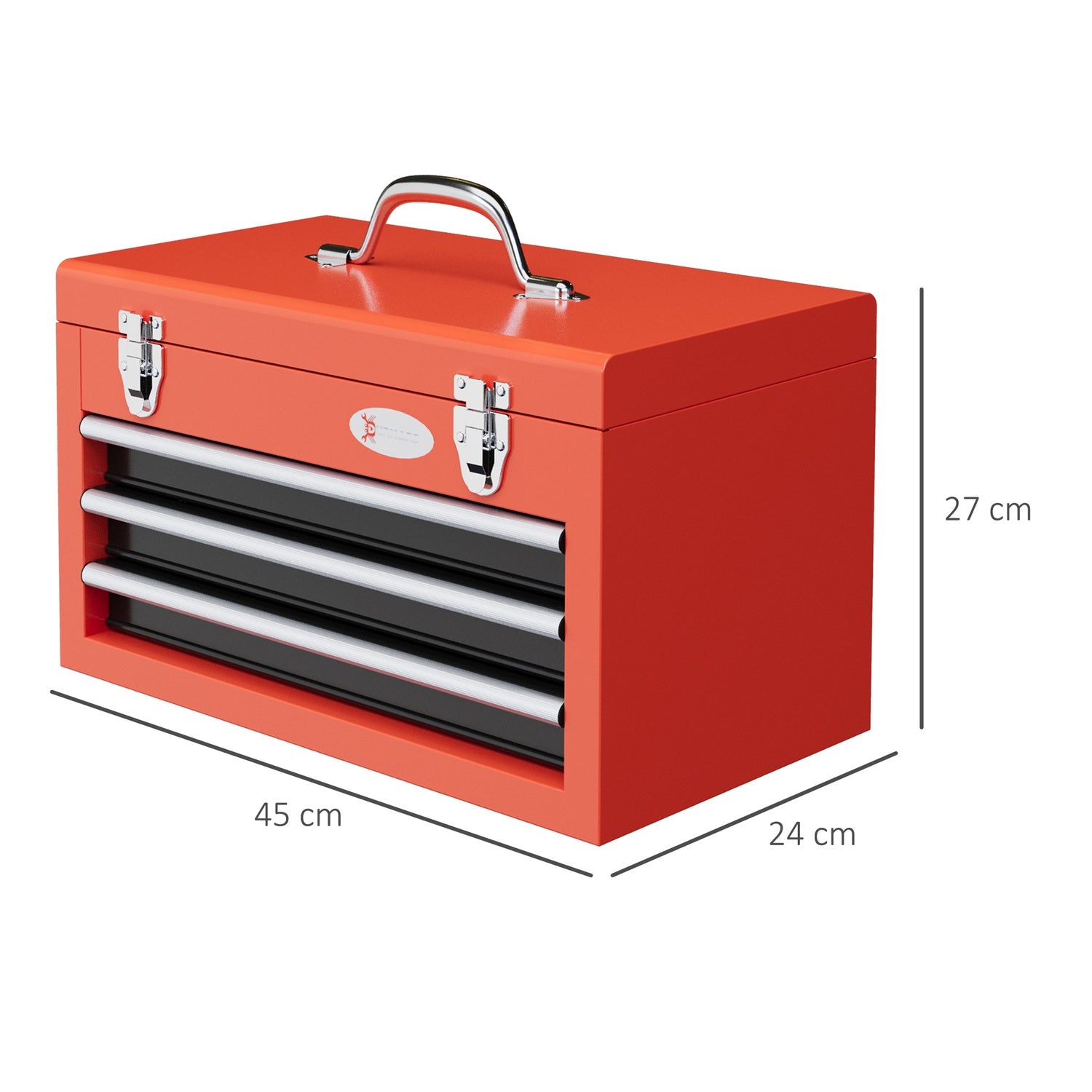 Röd stålverktygslåda med 3 lådor – 45 x 24 x 27 cm