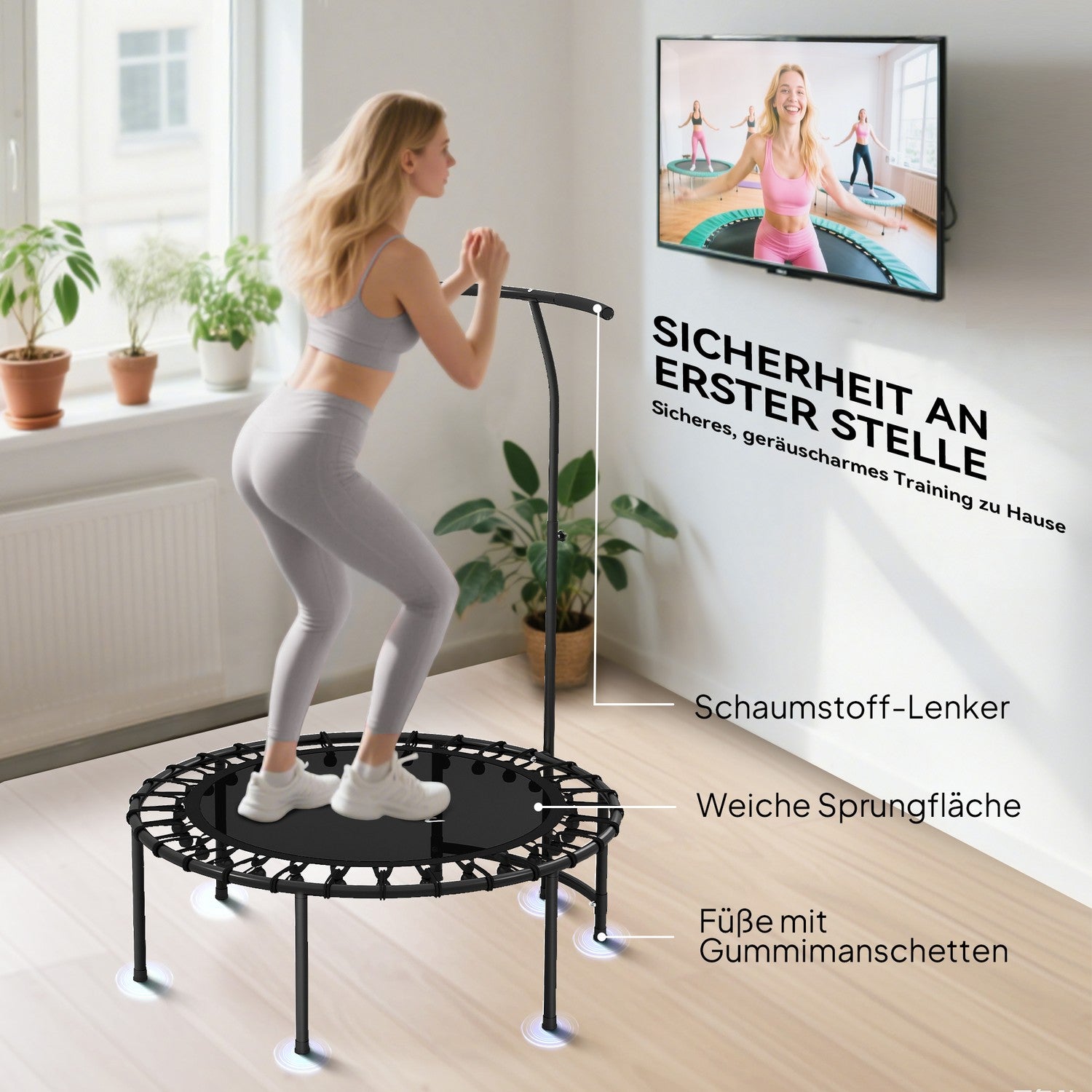 Rebounder-trampolin, justerbart handtag, svart