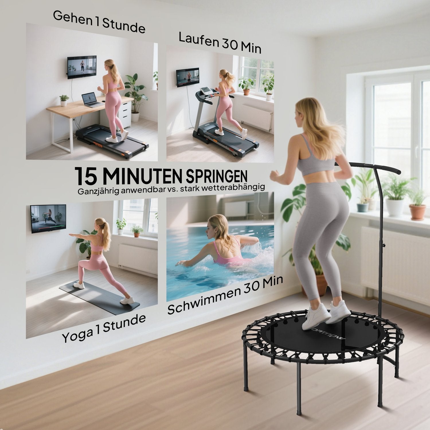 Rebounder-trampolin, justerbart handtag, svart