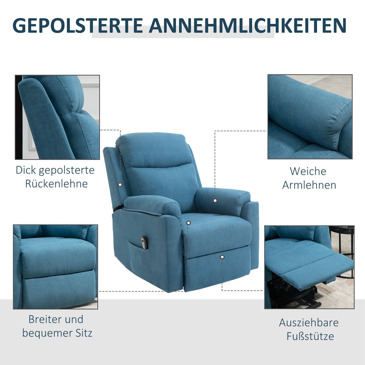 Recliner Elektrisk TV-stol med stativ for eldre, ligge- og sovefunksjon, linlook, blå, 83X89X102Cm