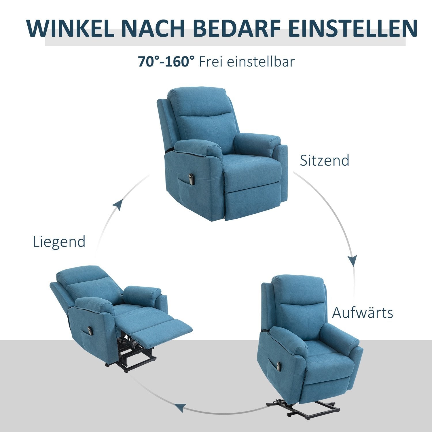 Recliner Elektrisk TV-stol med stativ for eldre, ligge- og sovefunksjon, linlook, blå, 83X89X102Cm