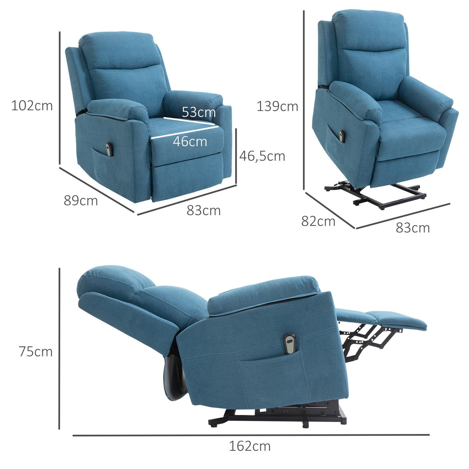 Recliner Elektrisk TV-stol med stativ for eldre, ligge- og sovefunksjon, linlook, blå, 83X89X102Cm