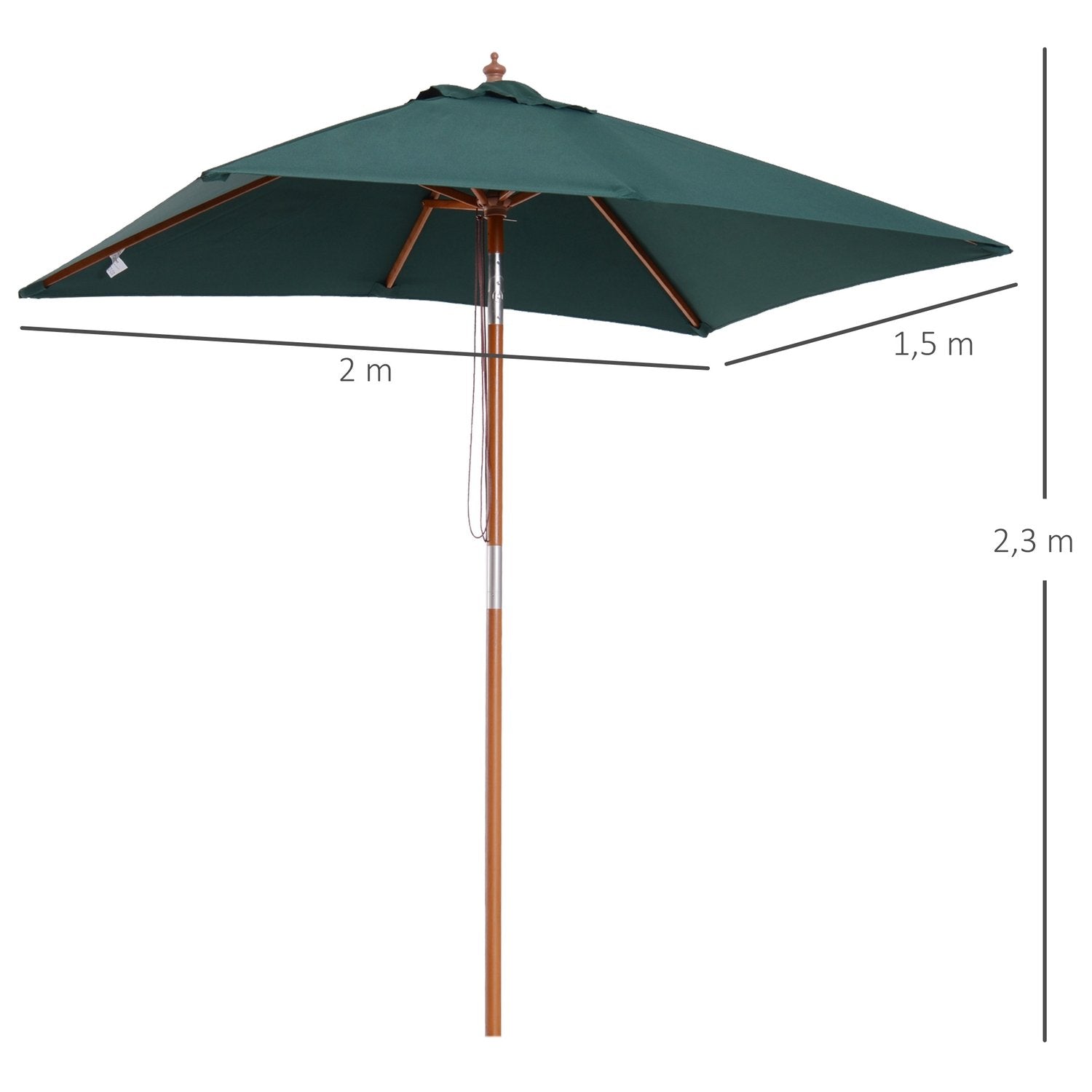 Parasoll sammenleggbar hageparaply laget av grantre, justerbar i 3 nivåer, grønn, 200x150x230 cm