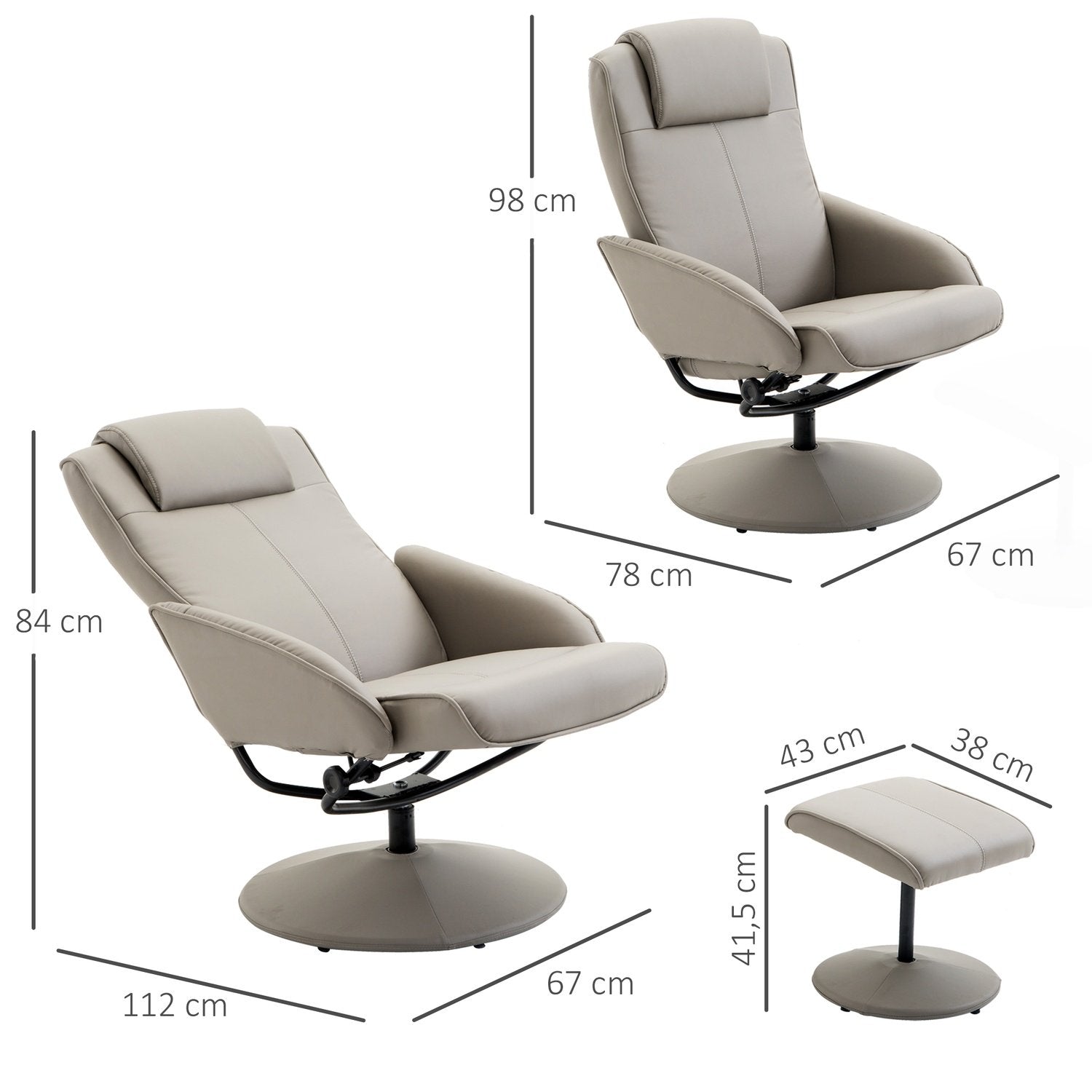 Relax stol TV stol Lenestol 360° roterbar Med fotstøtte Grå L78 × B71 × H101 Cm