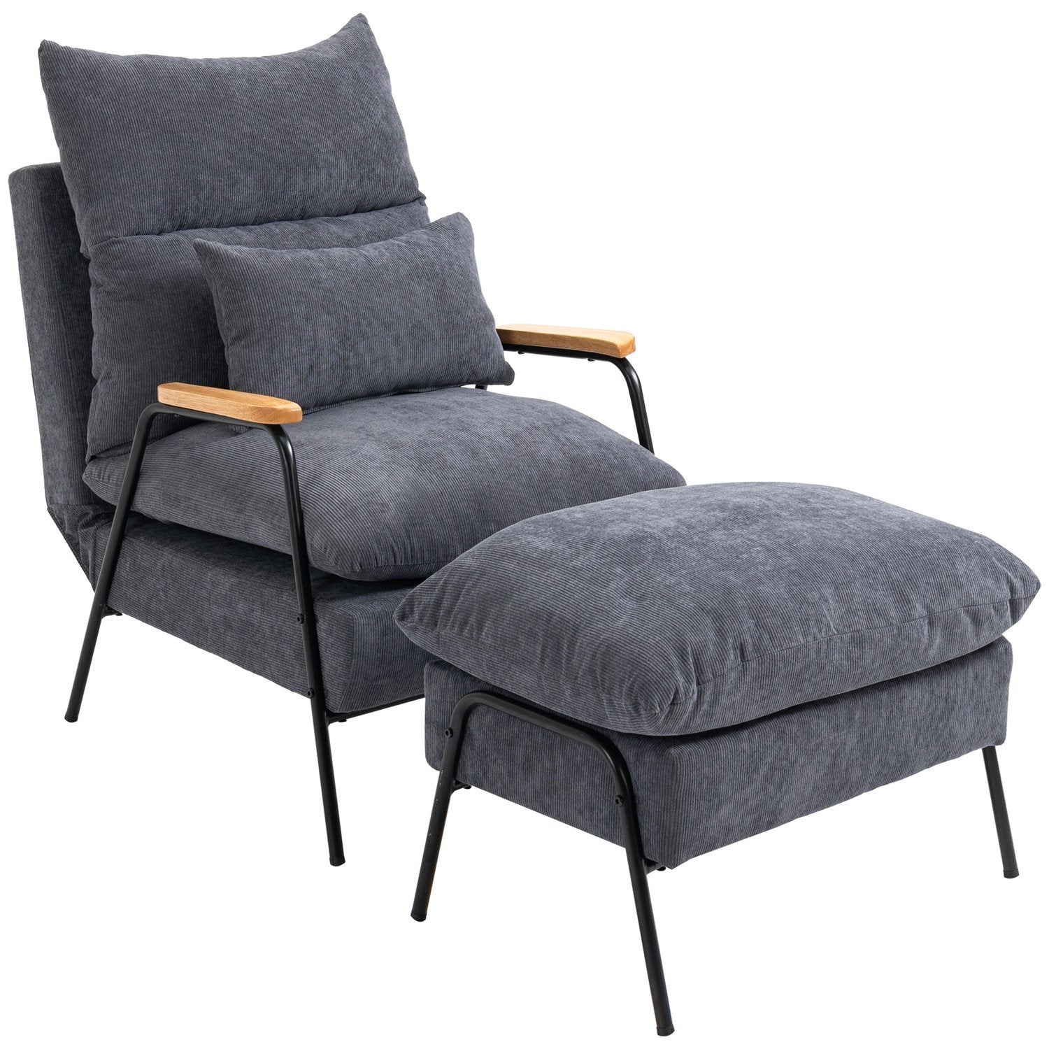 Relax Chair Wing Stol med krakk, TV-stol med sammenleggbar ryggstøtte, Pute, Polstret Stol, TV-stol, Grå, 68 X 91,5 X 88 Cm