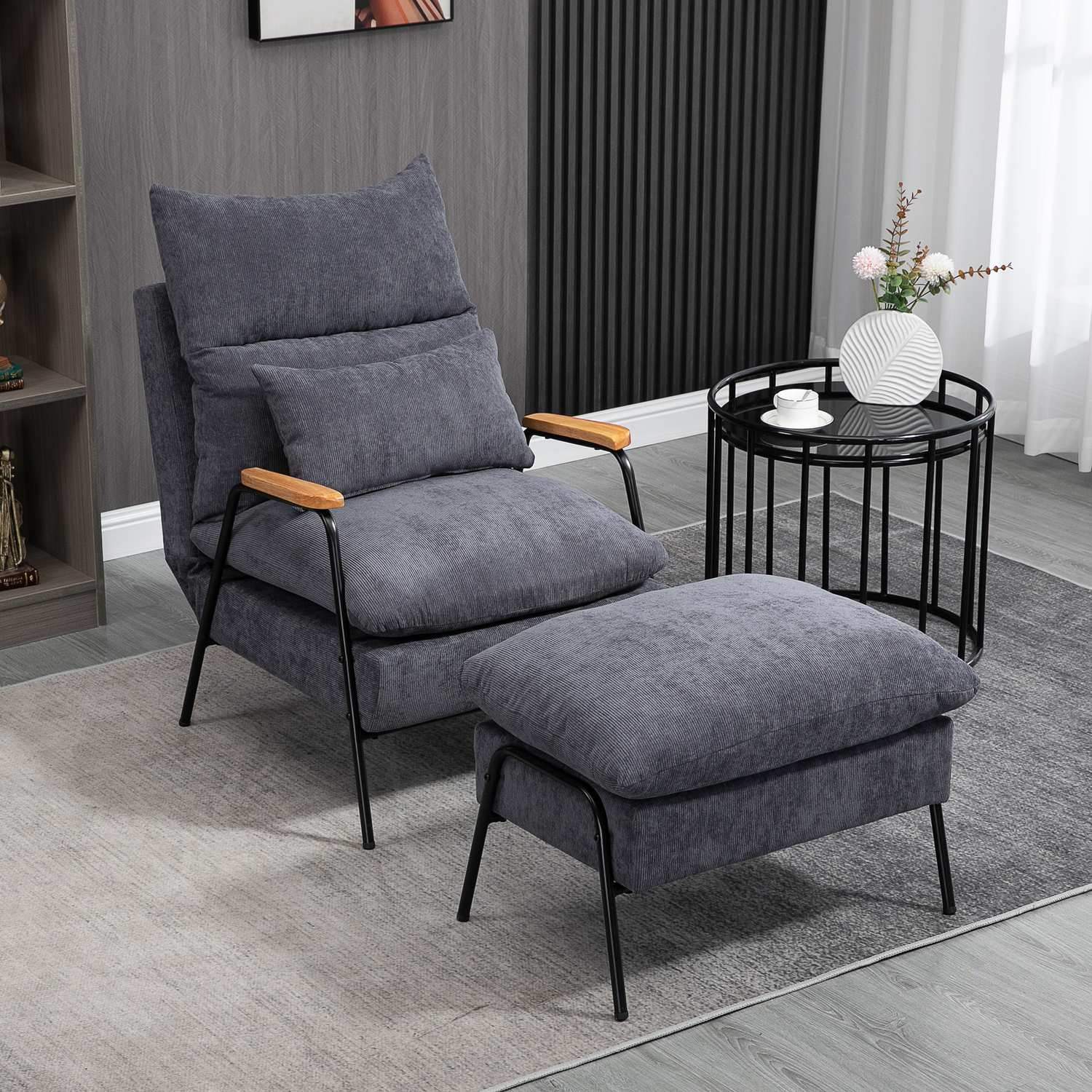 Relax Chair Wing Stol med krakk, TV-stol med sammenleggbar ryggstøtte, Pute, Polstret Stol, TV-stol, Grå, 68 X 91,5 X 88 Cm