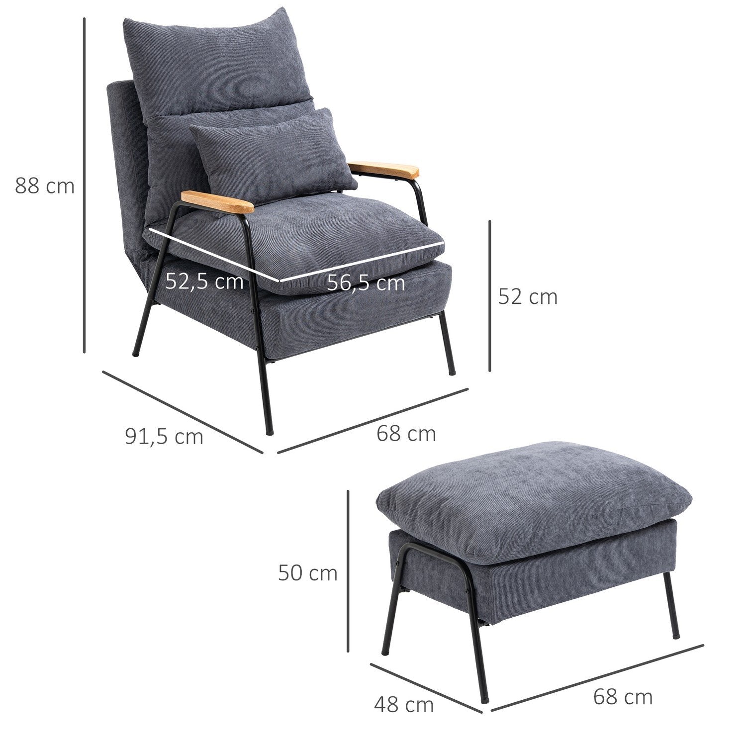 Relax Chair Wing Stol med krakk, TV-stol med sammenleggbar ryggstøtte, Pute, Polstret Stol, TV-stol, Grå, 68 X 91,5 X 88 Cm