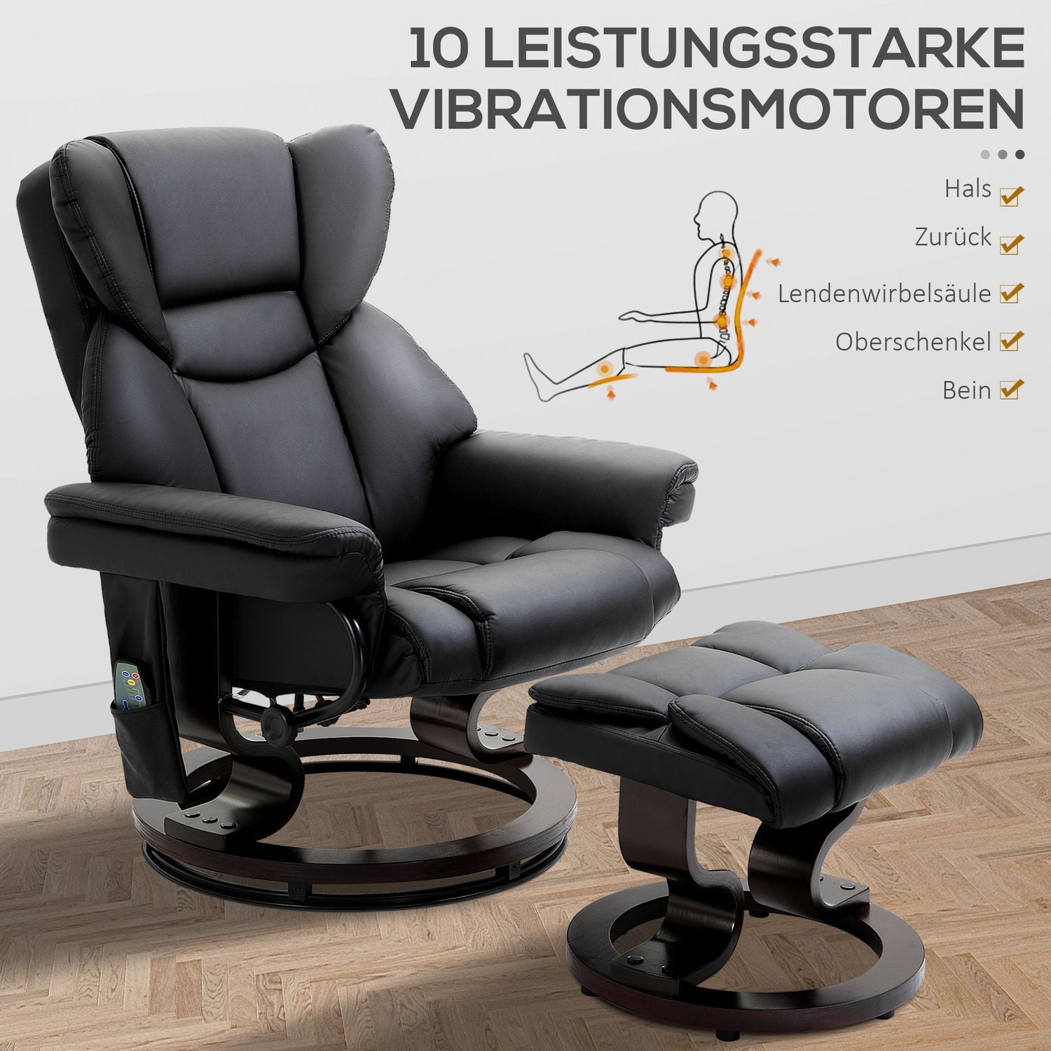 Massagefåtölj med fotpall, svart konstläder