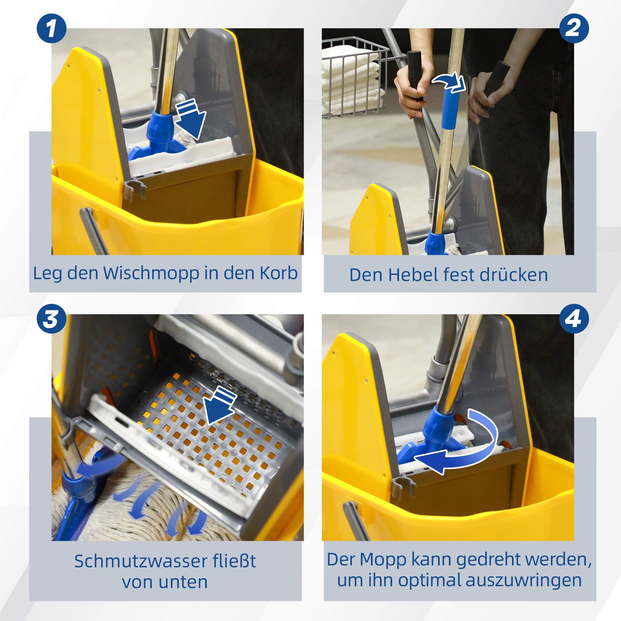 Rengöringsvagn med press, 25 liters kapacitet, 4 hjul, gul