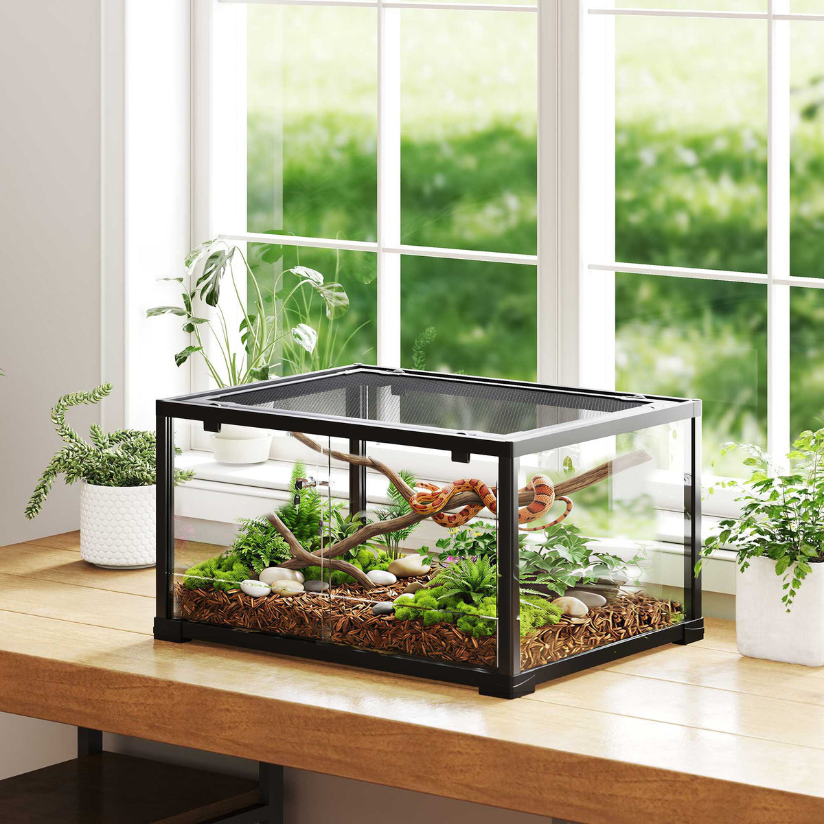 Reptilterrarium, 86 liter, skjutdörrar, säkert, 60 x 45 x 32 cm
