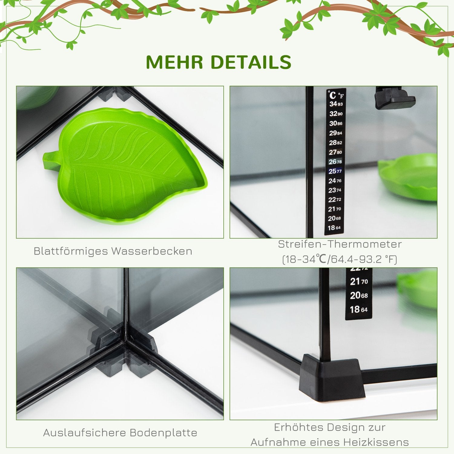 Reptilterrarium i glas med termometer, 50x30x25 cm