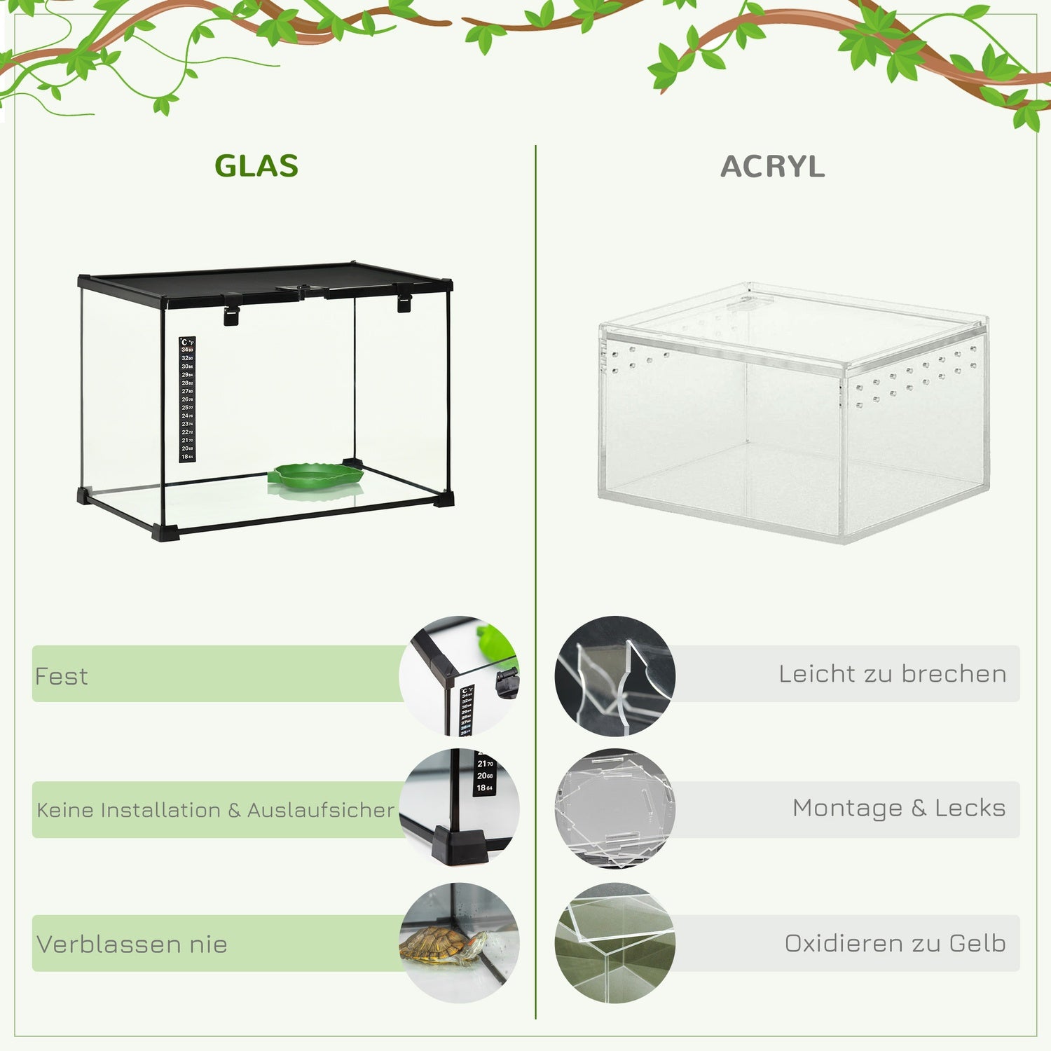 Reptilterrarium i glas med termometer, 50x30x35cm