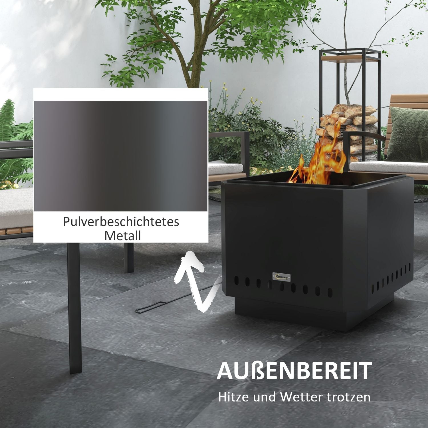 Rökfri fyrkantig eldstad, svart metall, med pokerverktyg