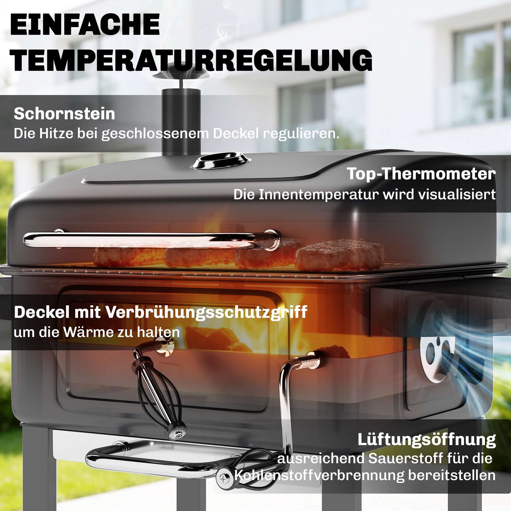 Rökgrill med kolgrill och justerbar kolpanna och termometer