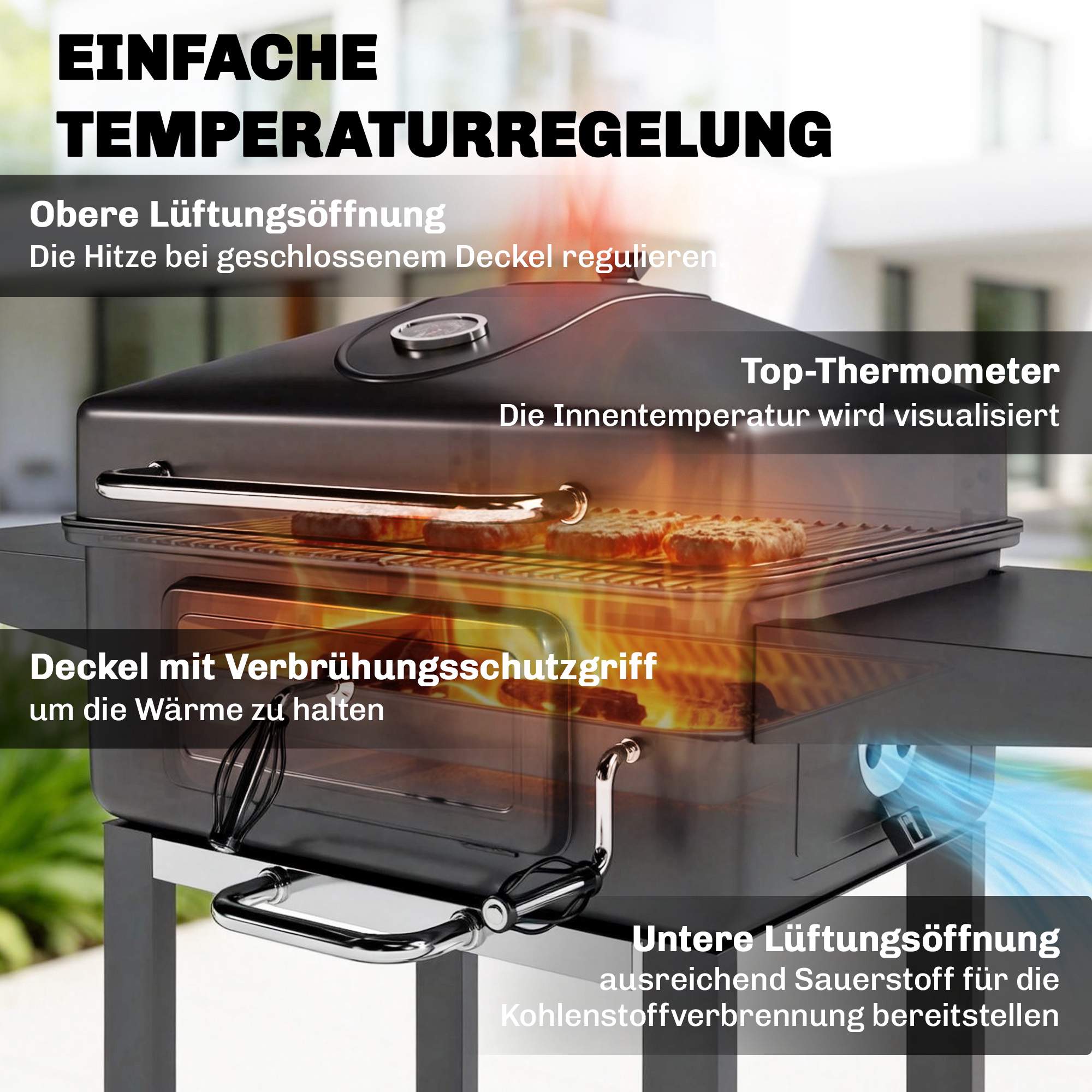 Rökgrill med kolgrill och termometer, justerbart galler