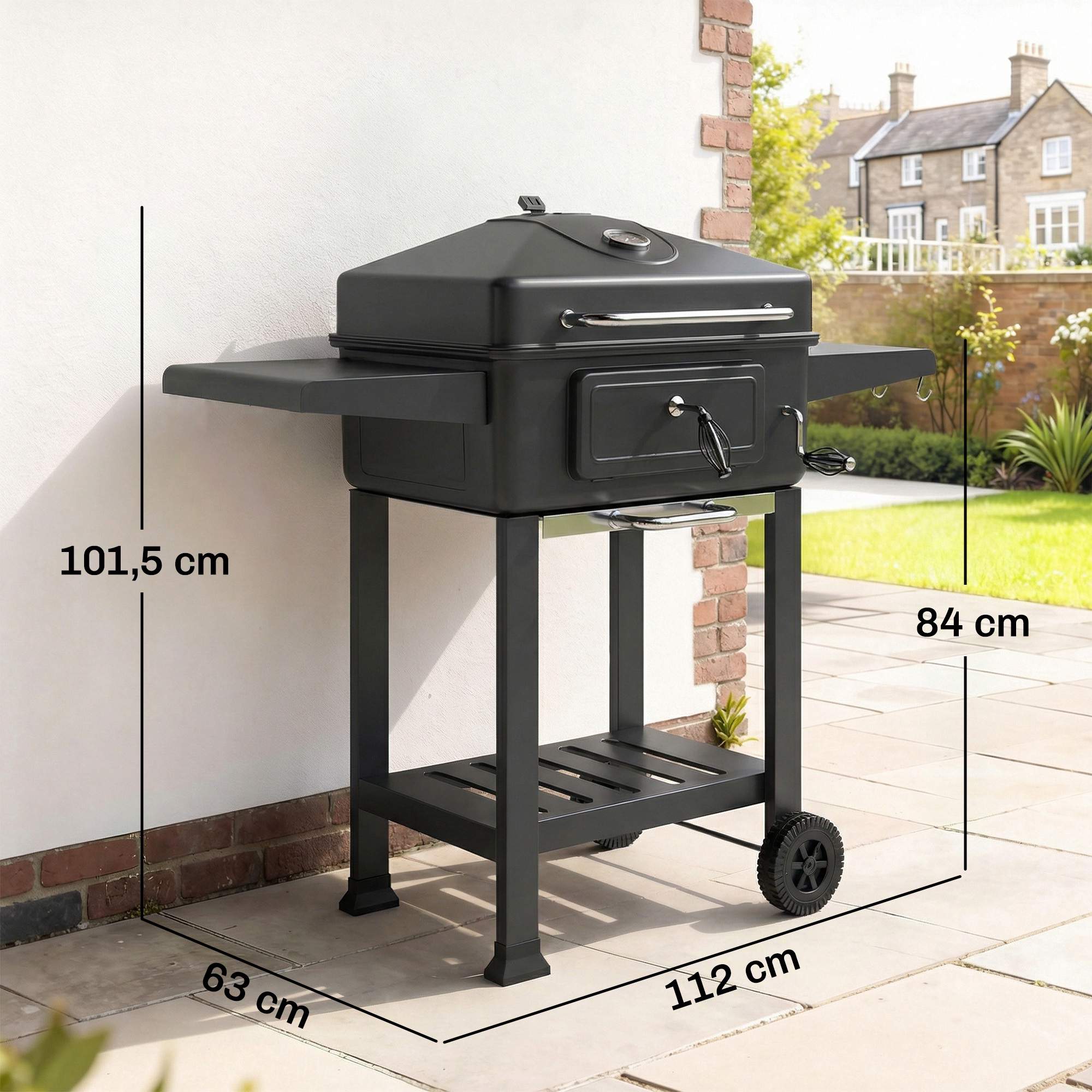 Rökgrill med kolgrill och termometer, justerbart galler