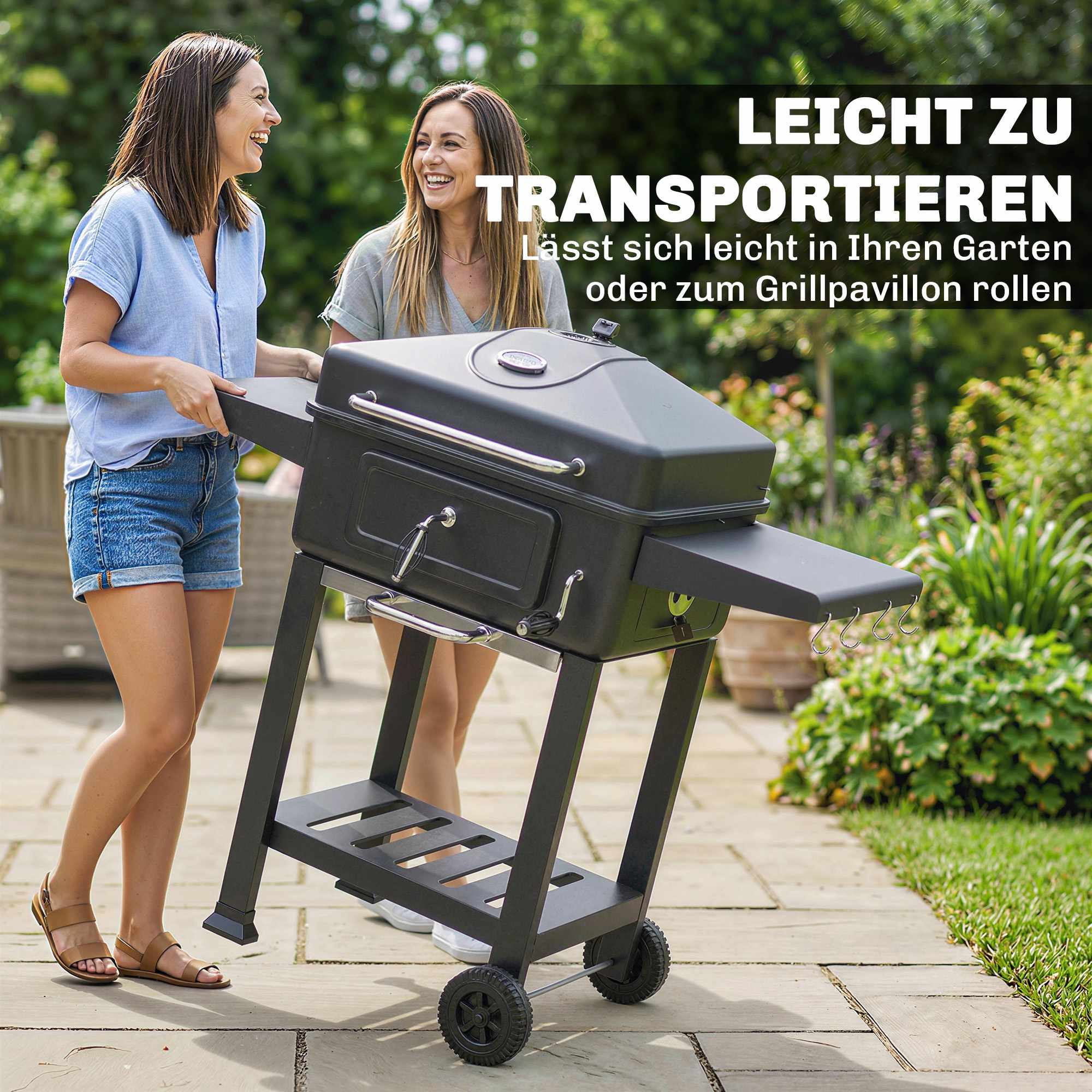 Rökgrill med kolgrill och termometer, justerbart galler