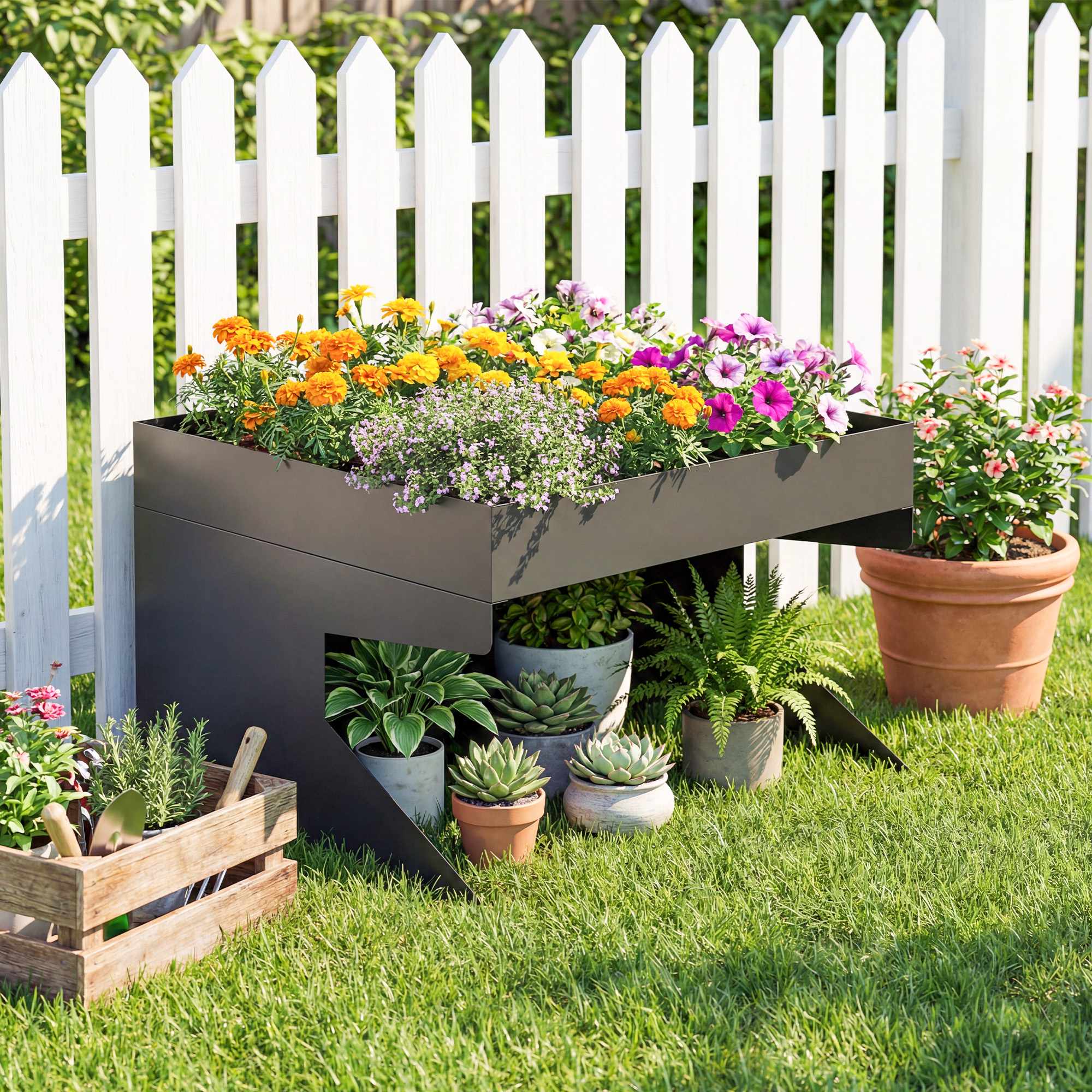 Robotgräsklippargarage med planteringslåda, galvaniserat stål