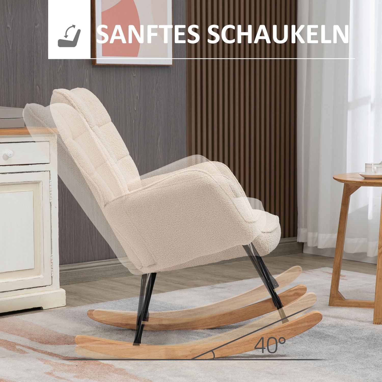 Gyngestol, aksentstol, slappe stol med berberfleece, for soverom, opptil 120 kg, beige, 71X92X101 cm