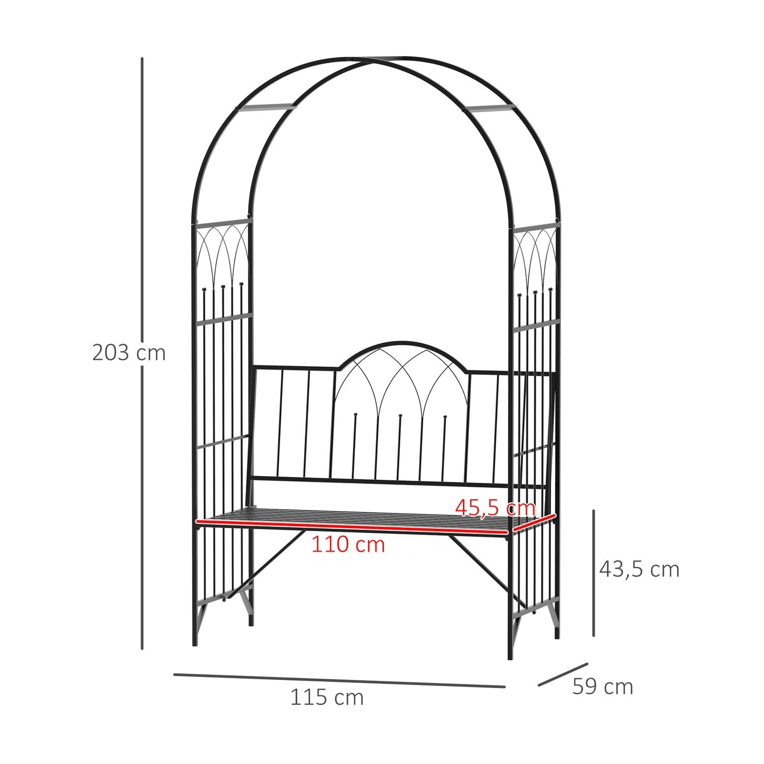 Rosebue med benk, rosebenk, arborbenk, filosofbenk, espalier, hagebenk, metall, svart, 121 X 50 X 203 cm