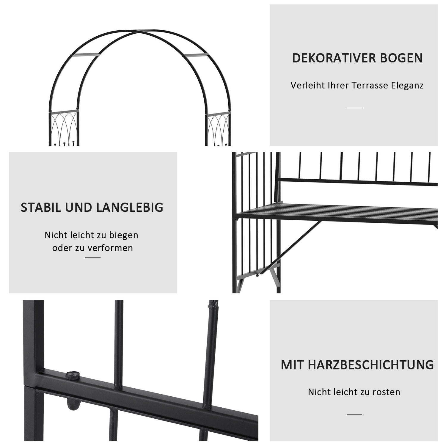 Rosebue med benk, rosebenk, arborbenk, filosofbenk, espalier, hagebenk, metall, svart, 121 X 50 X 203 cm