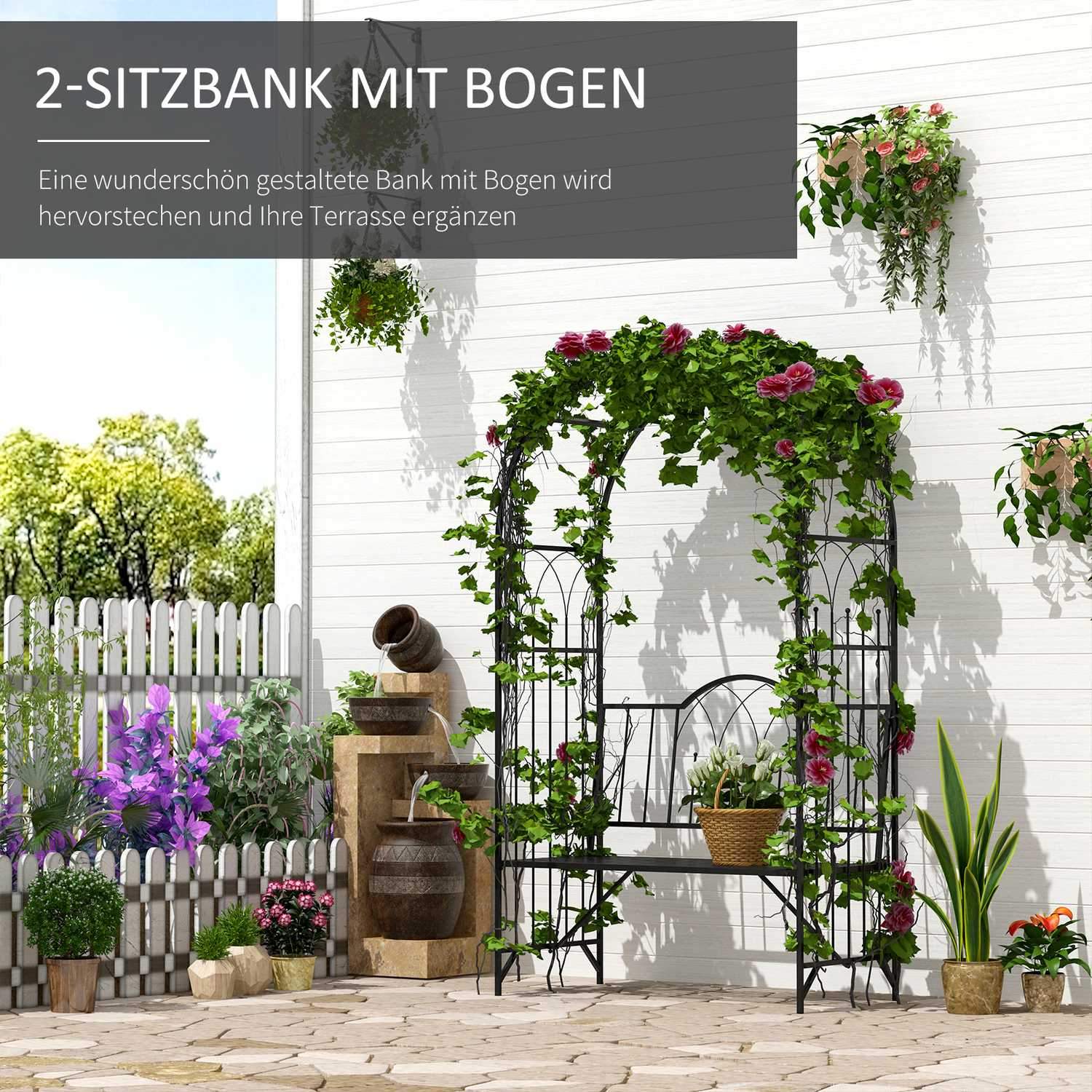 Rosebue med benk, rosebenk, arborbenk, filosofbenk, espalier, hagebenk, metall, svart, 121 X 50 X 203 cm