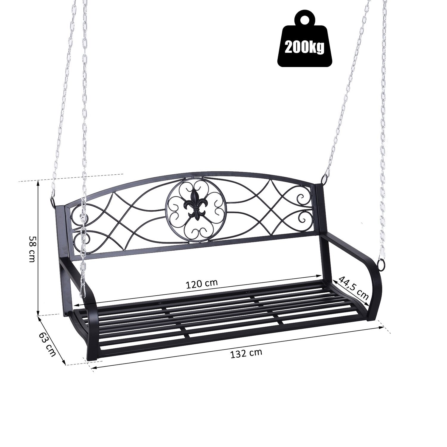 Hollywood Swing Værbestandig Hage Swing Hengende Benk 2-Sers Swing Benk Med kjeder Metall Svart 132 X 63 X 58 Cm