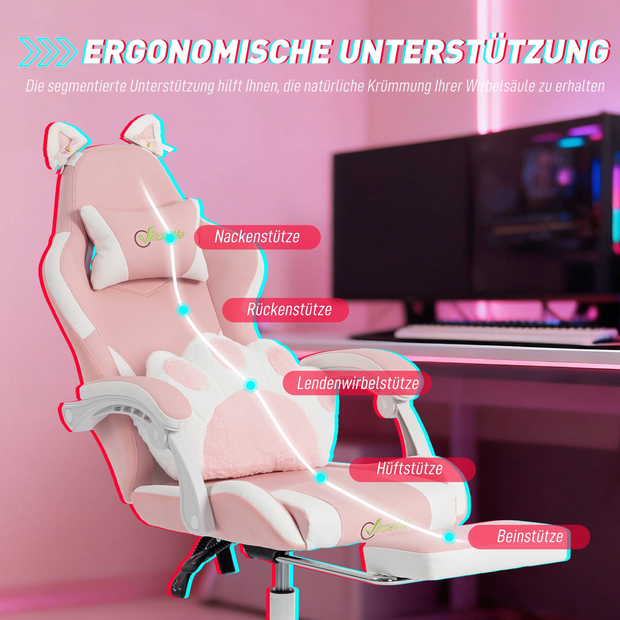 Rosa gamingstol med kattöron och ländryggsstöd
