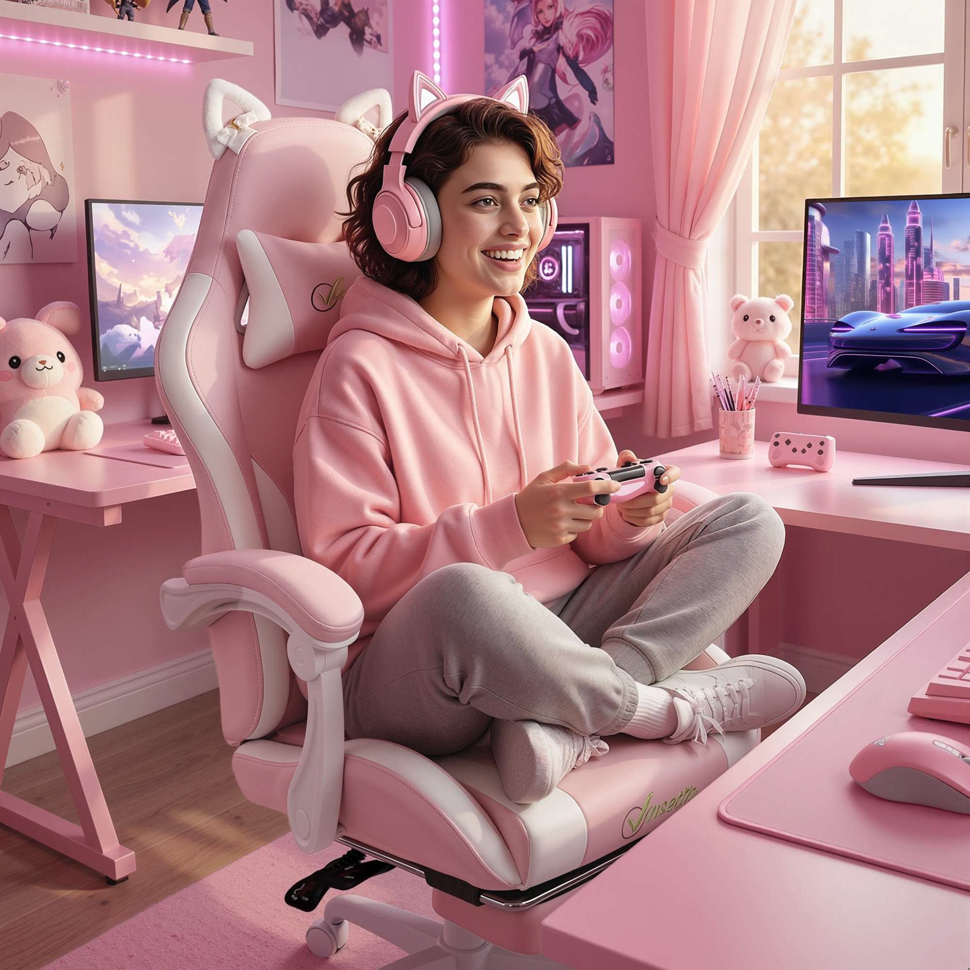 Rosa gamingstol med kattöron och ländryggsstöd