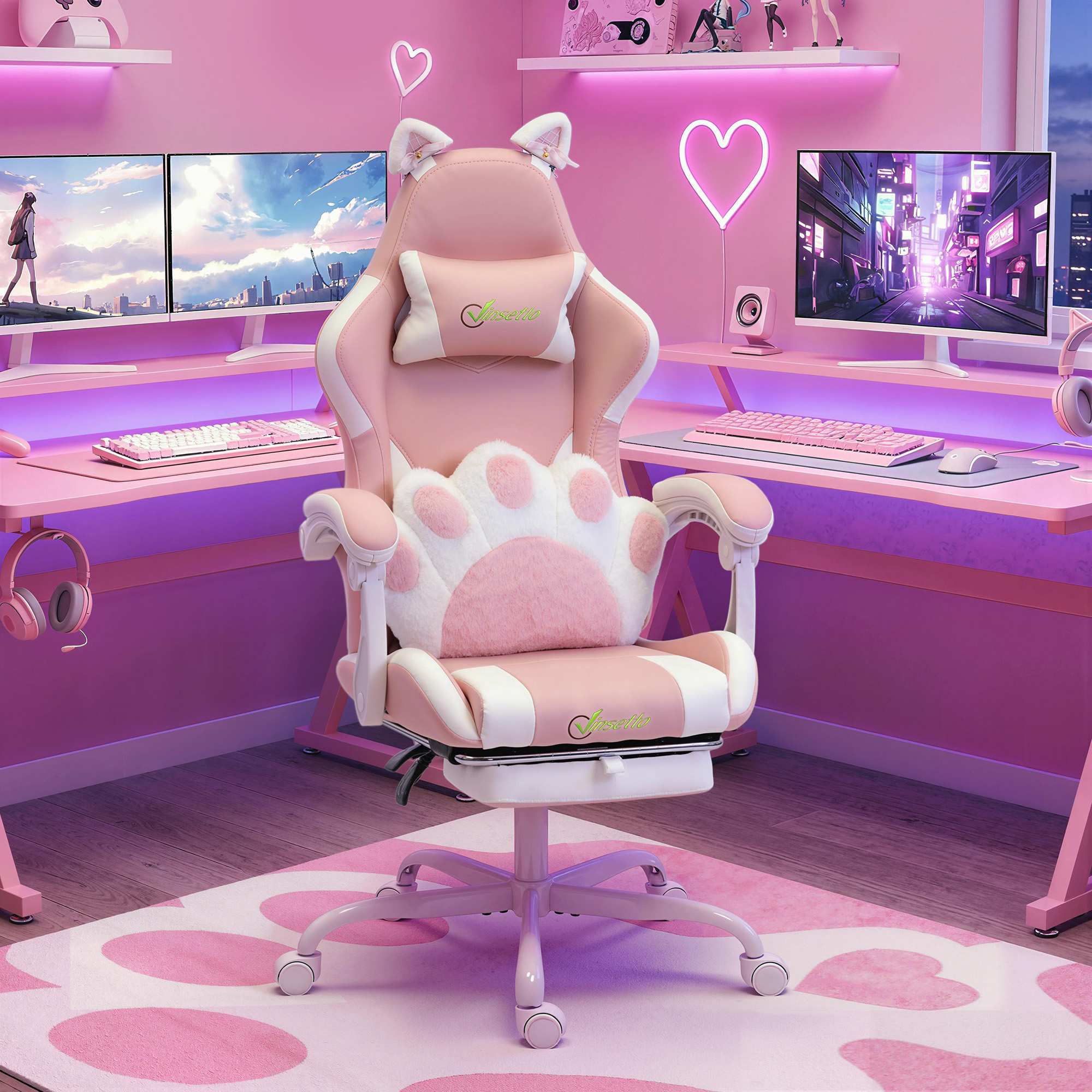 Rosa gamingstol med kattöron och ländryggsstöd