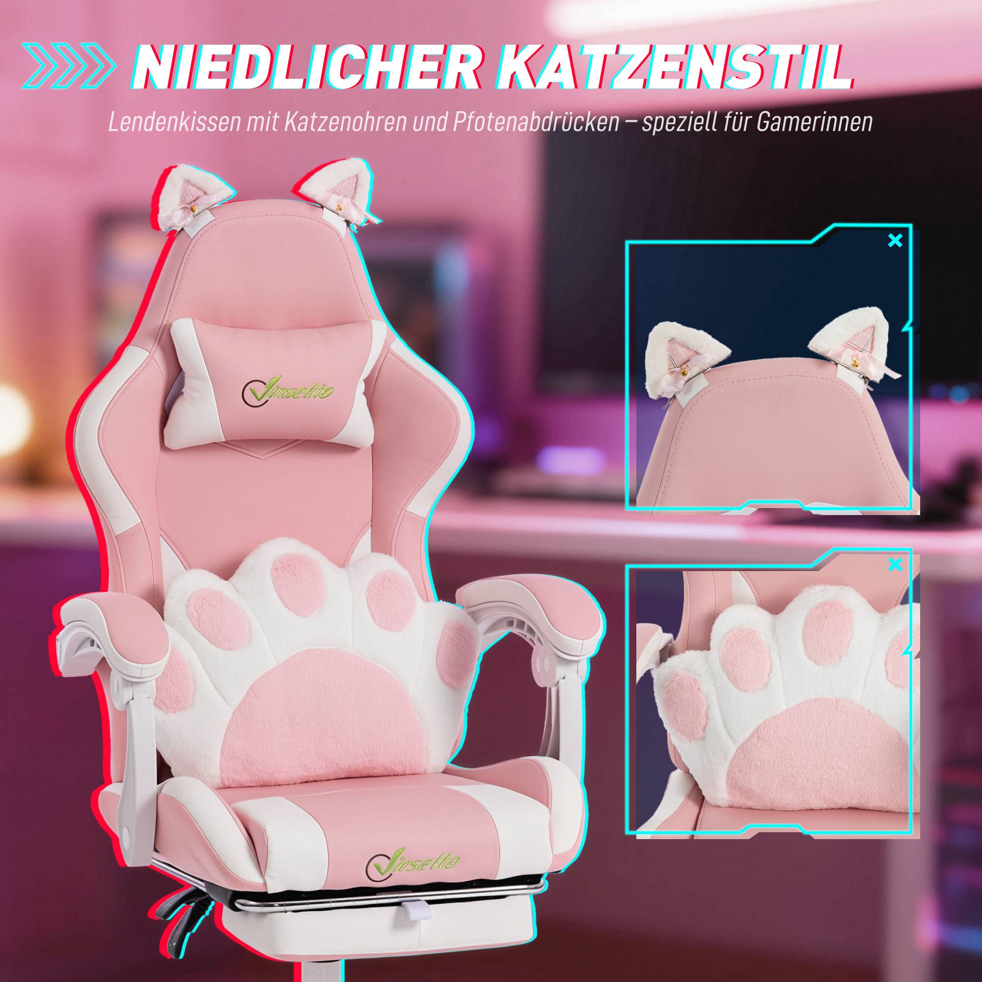 Rosa gamingstol med kattöron och ländryggsstöd