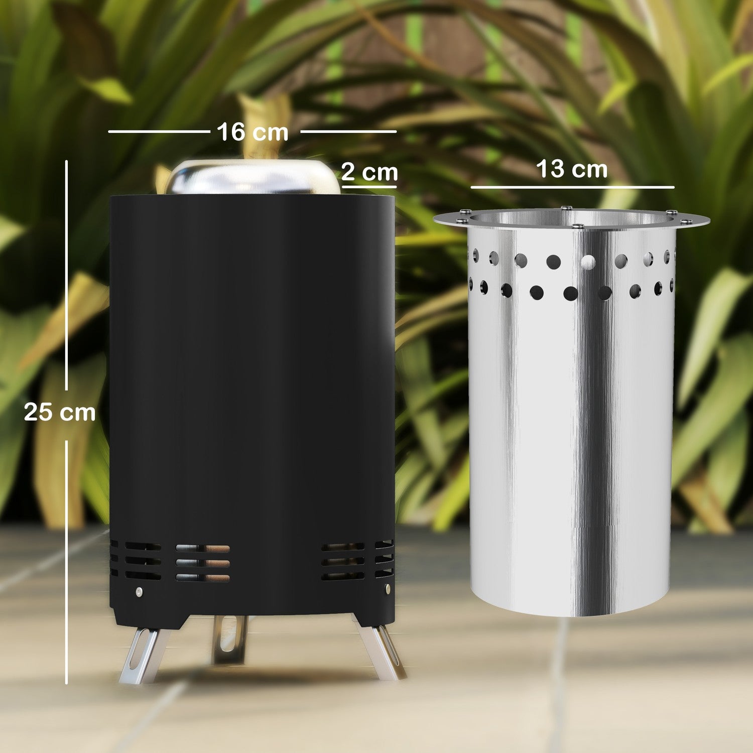 Rostfritt stål rökfri eldstad med poker, Ø16x25cm