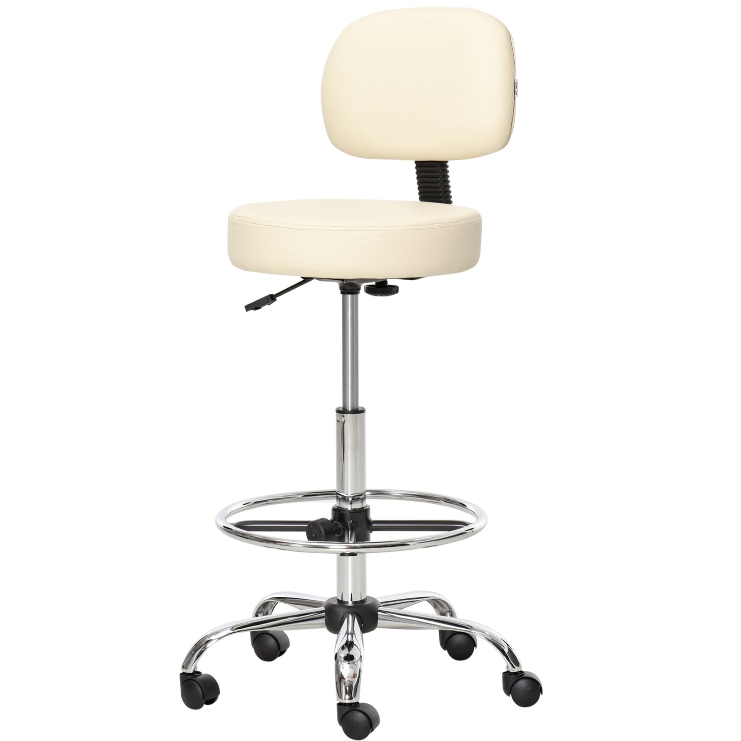 Justerbar beige PU pall med ryggstöd – 56x57x104-127cm