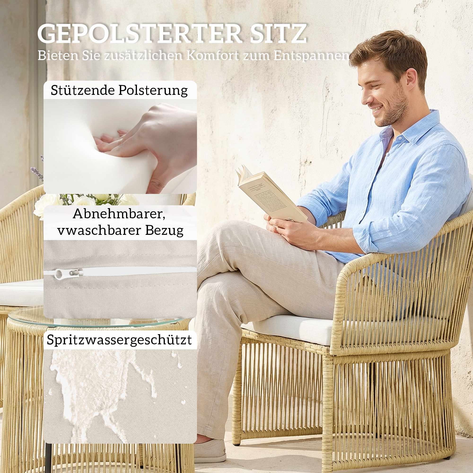 Rotting bistroset med kuddar – bord och 2 stolar