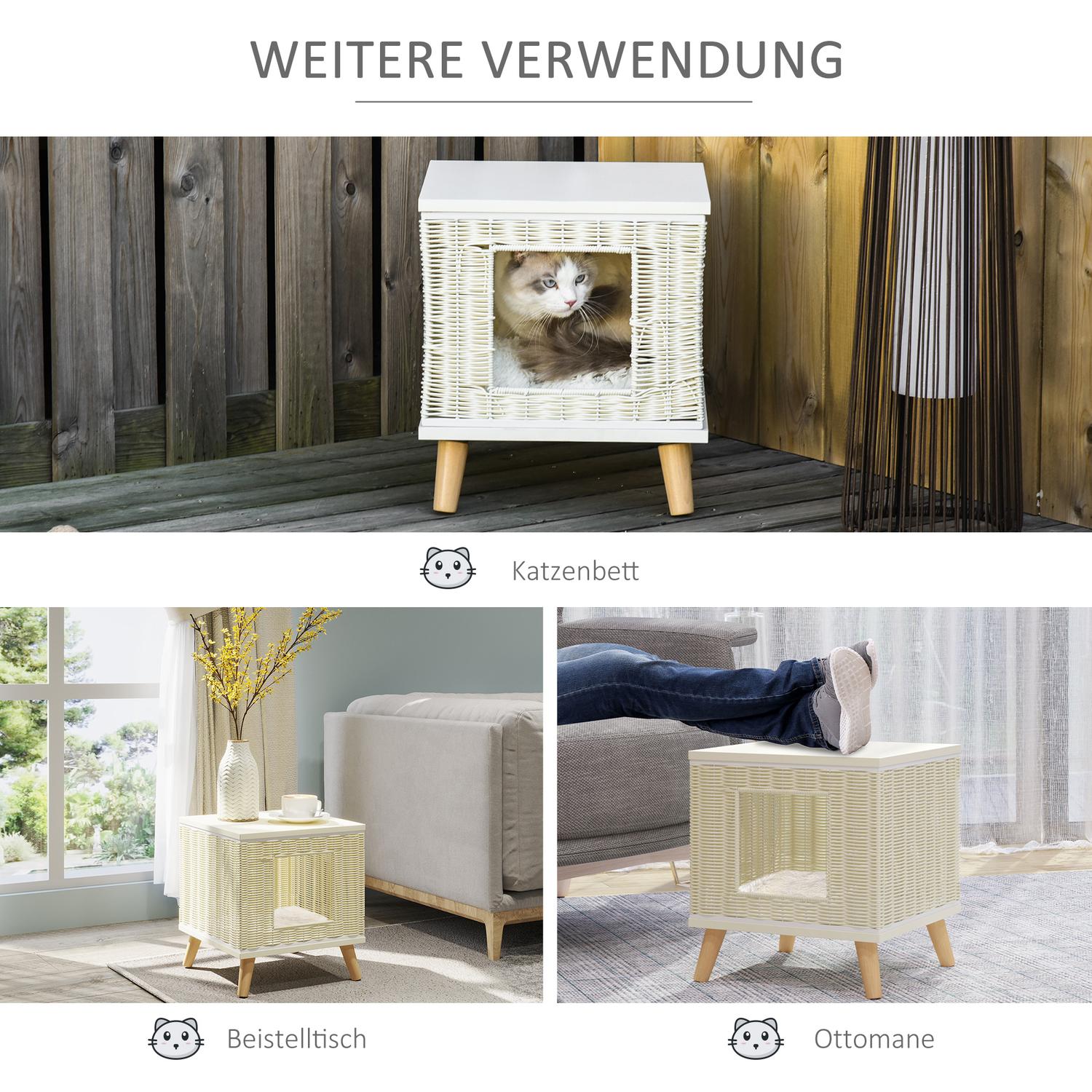 Rottingkattgrotta med kudde – naturlig, beige, vit